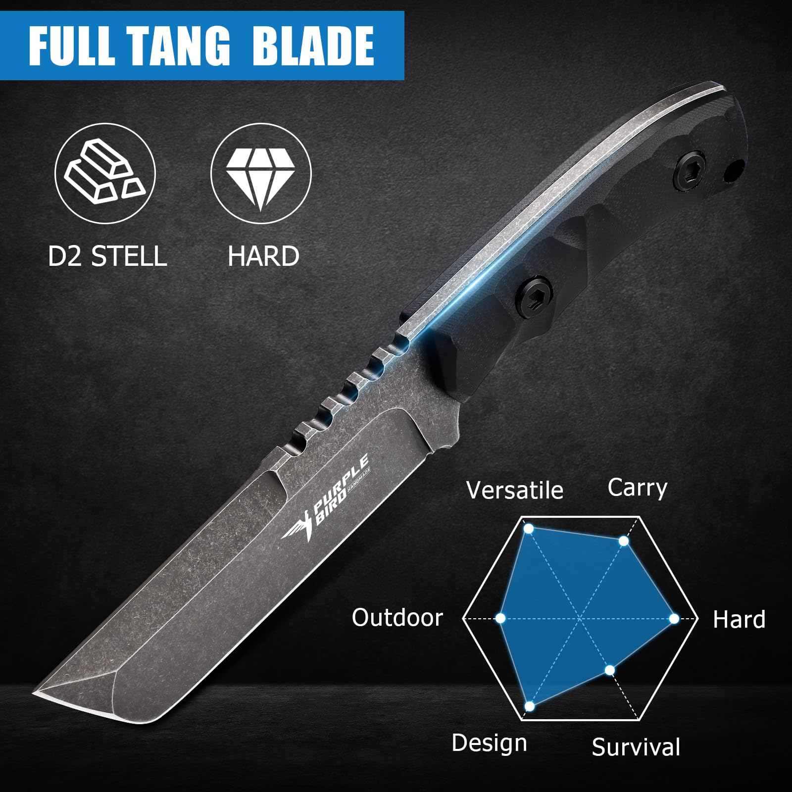 PURPLEBIRD Coltello da Caccia Lama Fissa, Coltello Bushcraft, Coltello EDC Outdoor con Manico in G10, Fondina in Kydex, Coltello Esterno a Lama Intera (Nero)