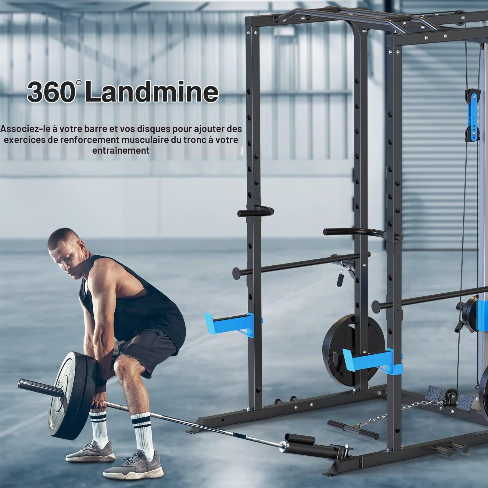 WINNOW Power Cage Rack multifonction avec crochets en J, poignées de trempage, fixation de mines terrestres et système de poulie de câble en option pour salle de sport à domicile