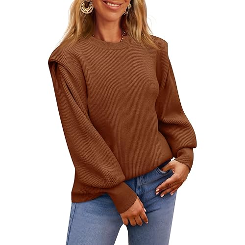 LILLUSORY Women's Crewneck Long Lantern Sleeve Sweaters 2023 Striped Ribbed Knit Jumper Pullover Sweater Tops
