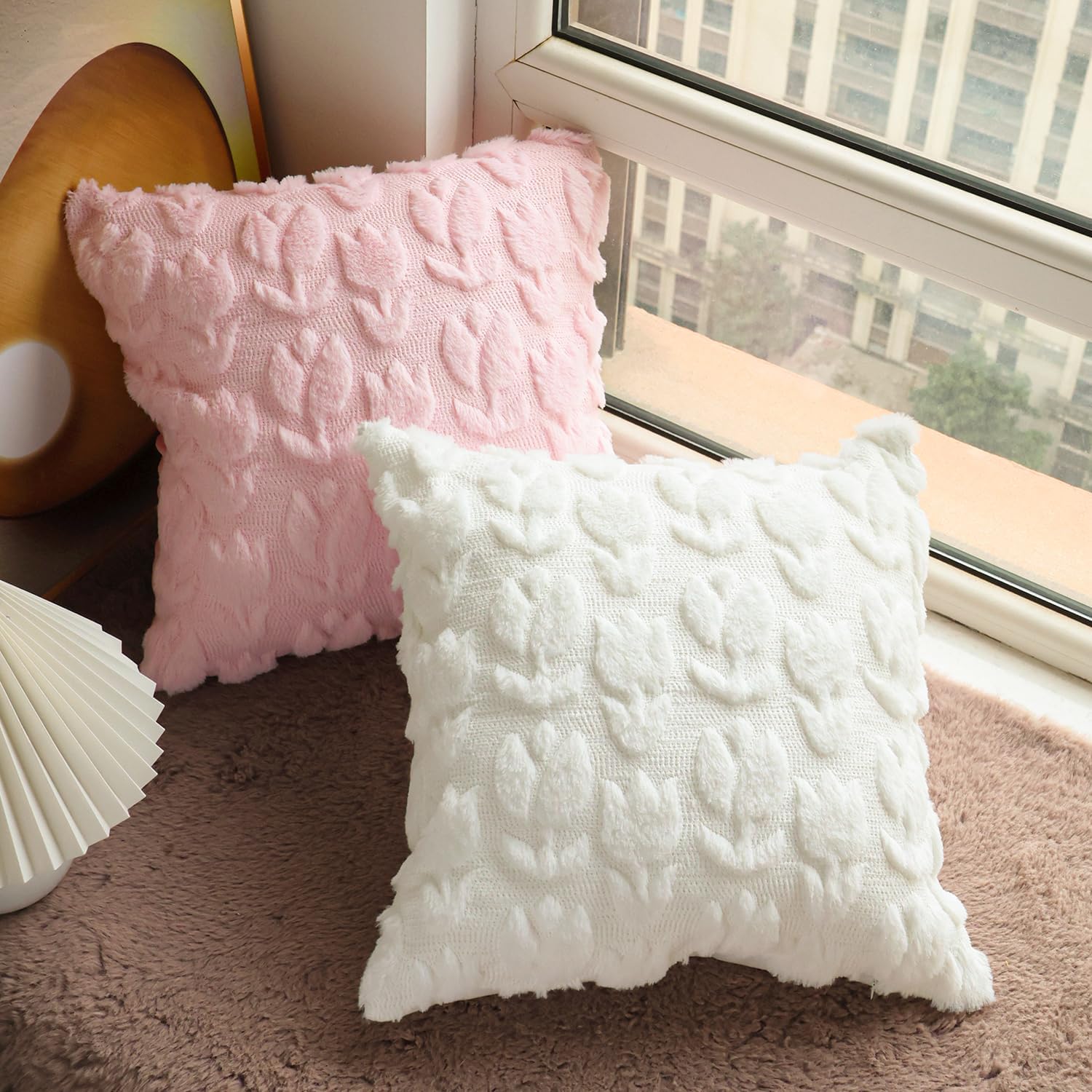 Tulip Embroidered Throw Pillow Covers 18 x 18 Inch Set of 2, Plush Jacquard Pillow Covers for Farmhouse Couch Sofa Bedroom Decor Pink - Image 3