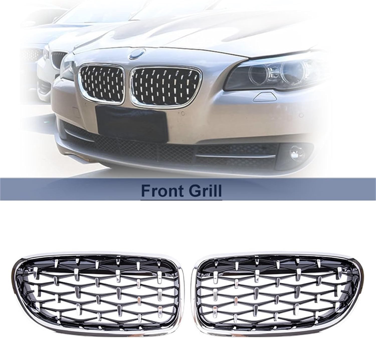Car Front Bumper Sport Racing Grill Grilles Compatible with BMW 5 Series F10 F11 F18 520i 523i 528i 520d 530d 10-16 Diamond Kidney Grille(Sliver)