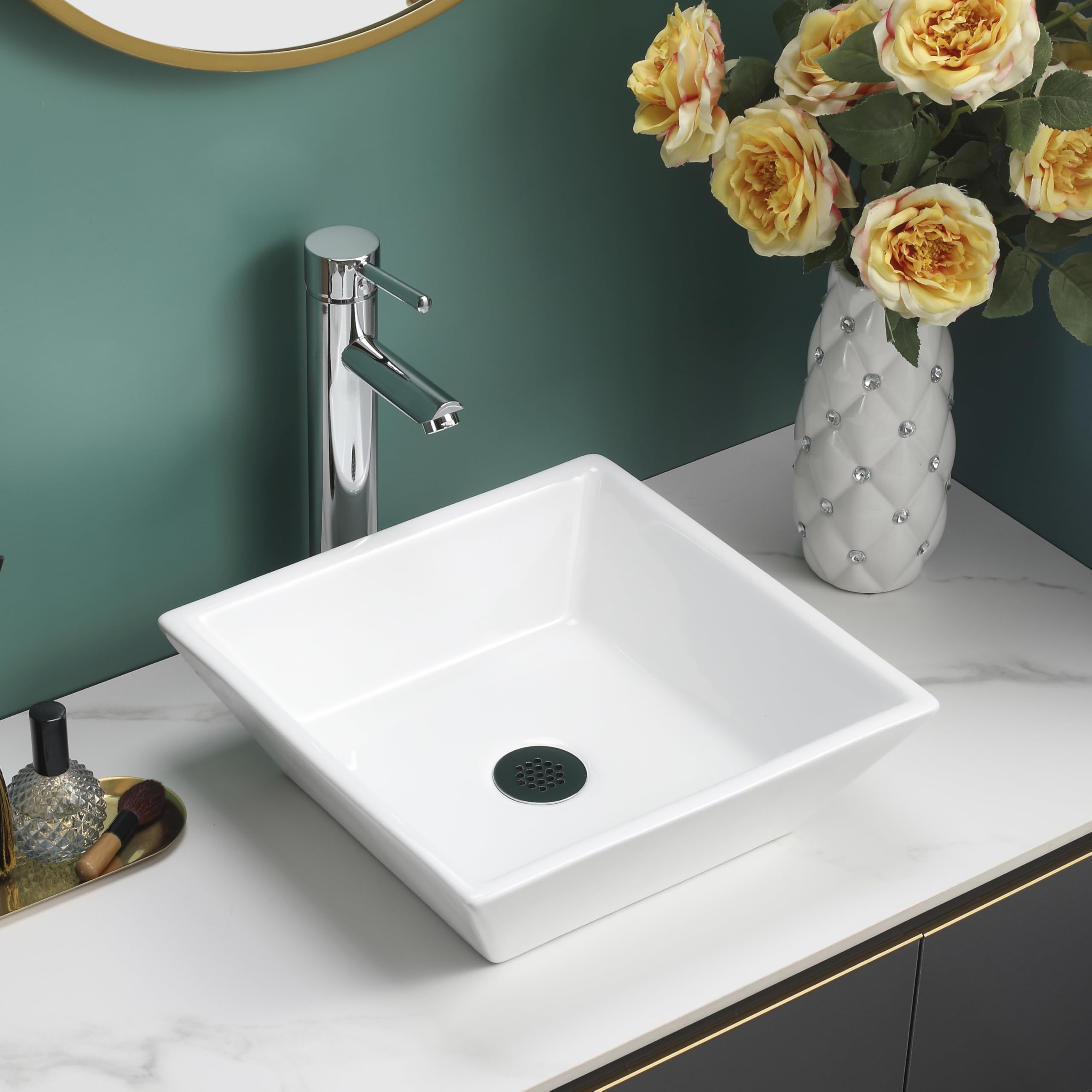 BELOFAY Counter Top Bathroom Sink Basin – Modern White Ceramic Wash Basin with Scratch-Resistant Gloss Surface – Sink basins for Cloakroom,Vanity Cabinet and Bathrooms (Square 1)
