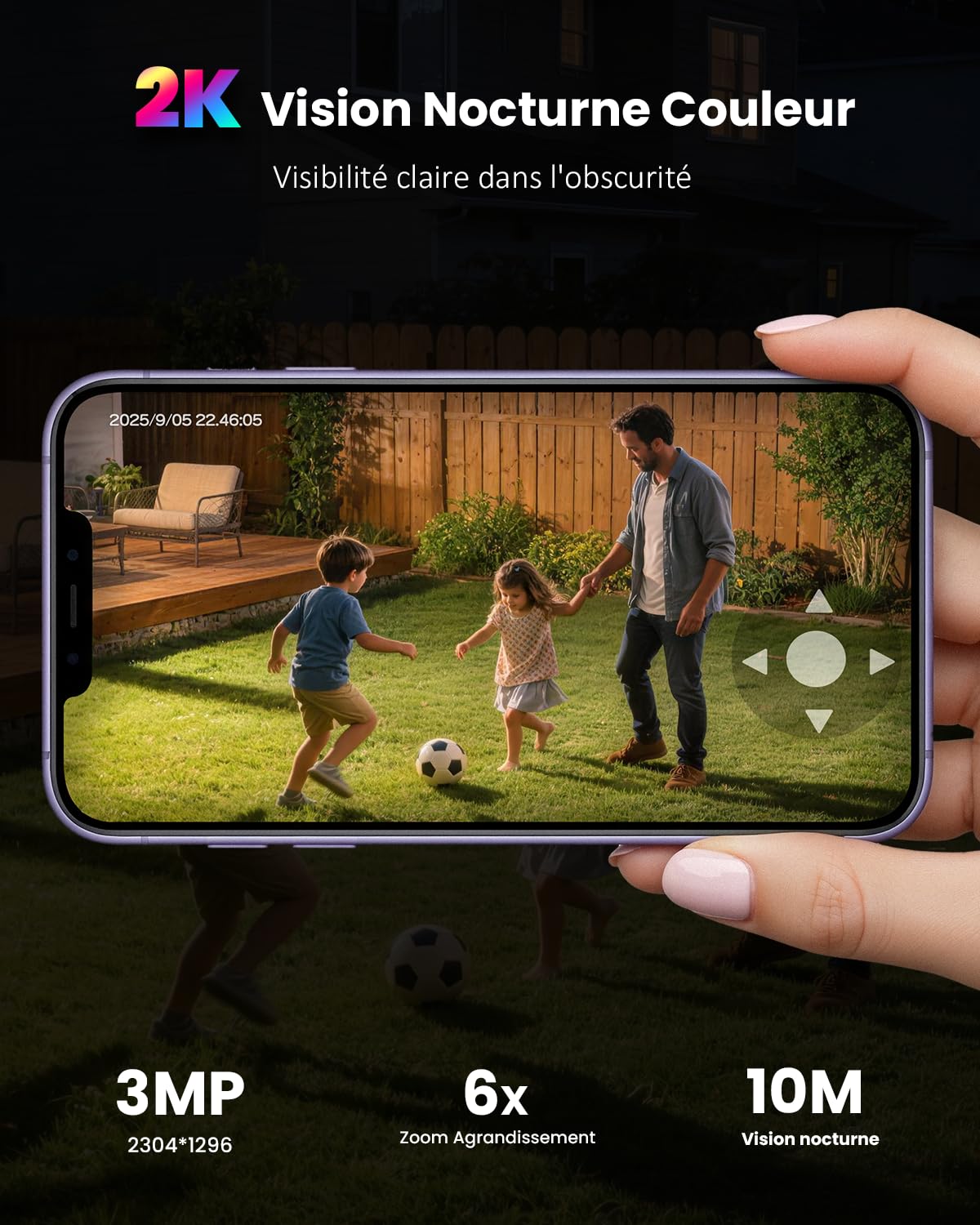 2K Camera Surveillance WiFi Exterieure sans Fil, Panneau Solaire Intégré ou Amovible, 360° PTZ 2,4GHz, Installation Facile Camera Solaire Batterie, Détecteur PIR, Vision Nocturne Couleur