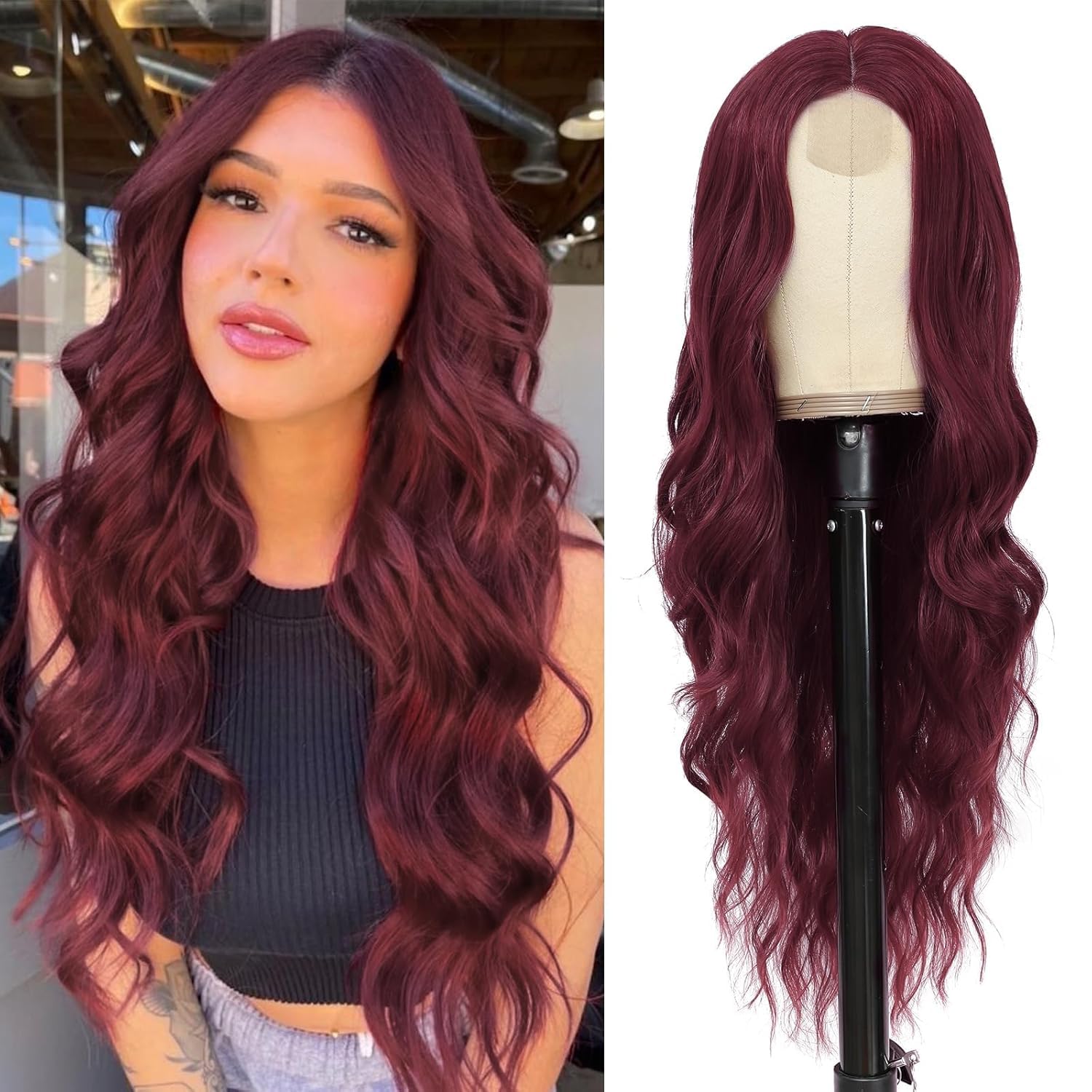PORSMEER Long Red Wavy Wigs for Women Burgundy Red Wig Middle Part Natural Synthetic Hair Wig Heat Resistant for Fancy Dress/Cosplay/Party Daily Use 26 Inch