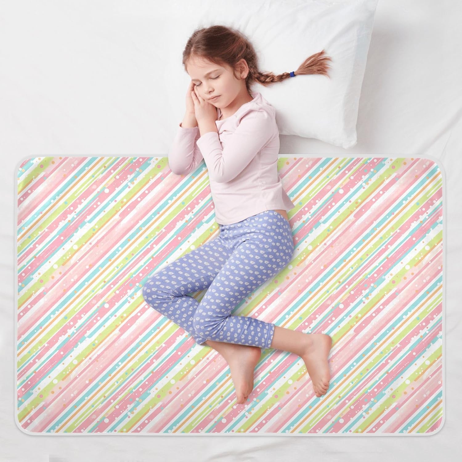 Pink Green Stripe Pattern Extra Large Resuable Training Pee Pads for Kids Water Resistant Pads for Bed Leakproof Quick Drying Travel Mattress for Infant Baby , 52" L x 34" W