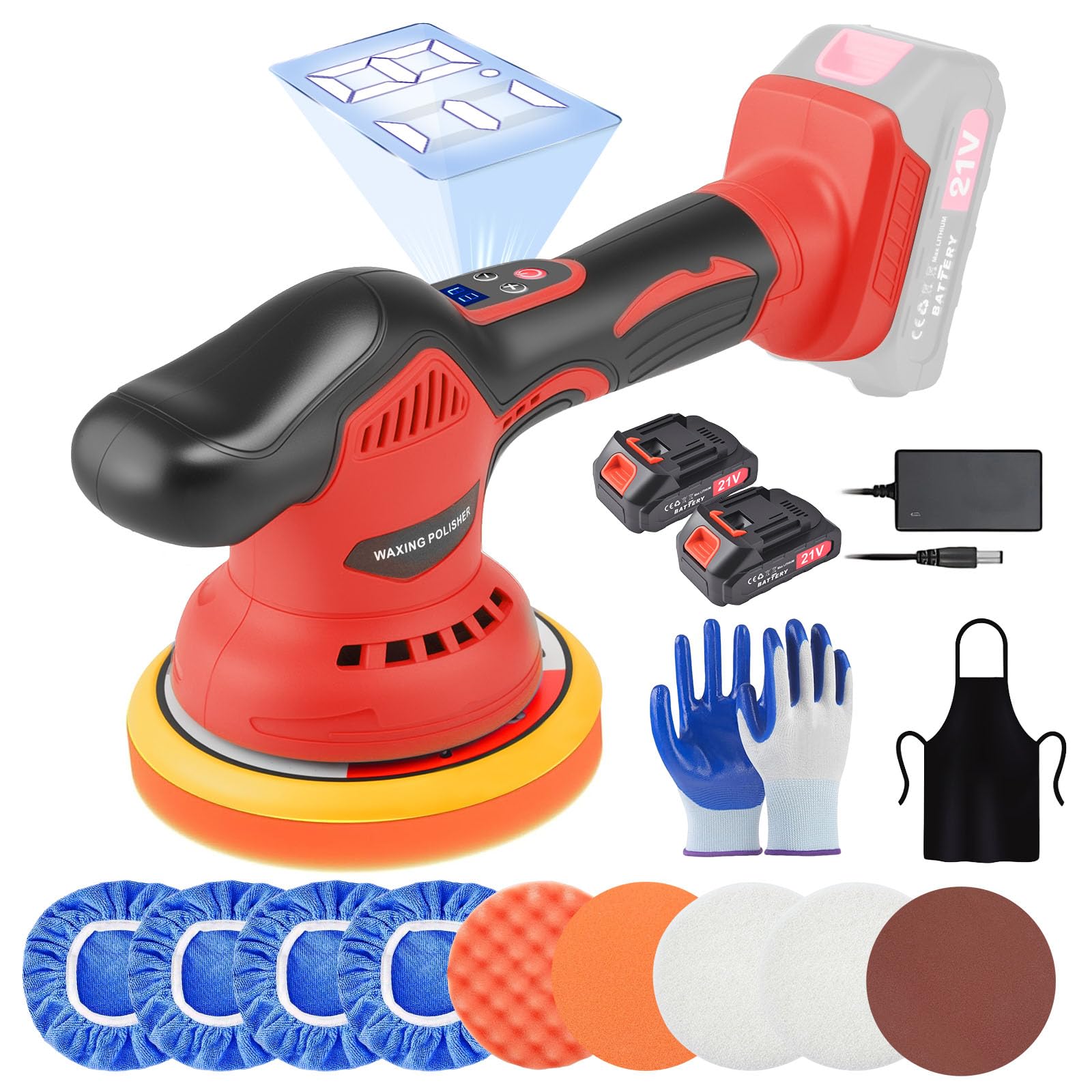 Pulidora Coche Inalámbrica, Pulidora Orbital 6" con 2 Baterías 21V 2.0Ah,Juego de 17 piezas, Pantalla Táctil 8 Velocidades Variables para Eliminación de Arañazos y Detalles del Automóvil.