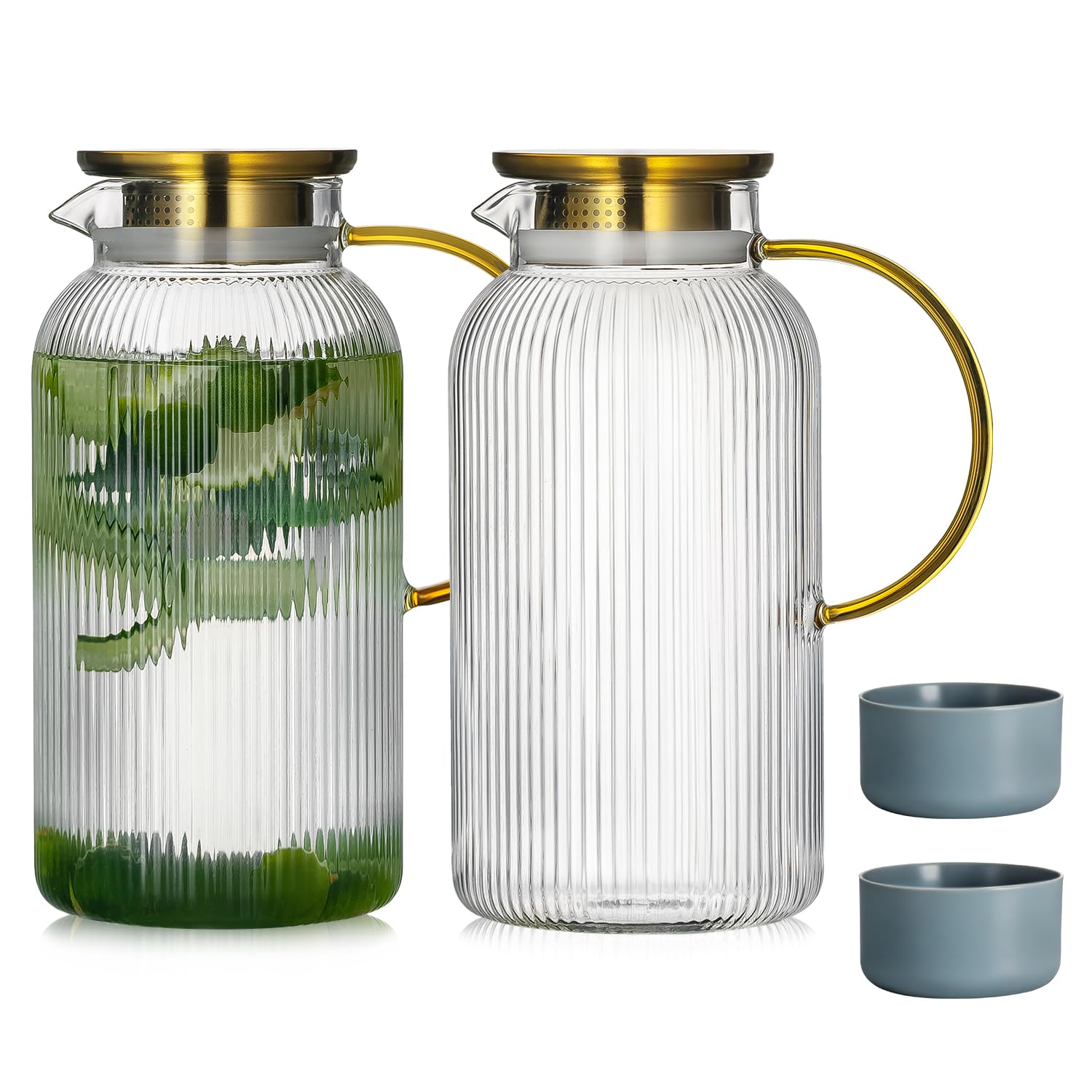 Buaic Paquete de 2 jarras de vidrio con tapa, 1,927.8 g/2 litros, jarra clásica de agua con rayas verticales con asa, jarra de agua de vidrio para infusión fría, café, limonada, té helado y bebidas
