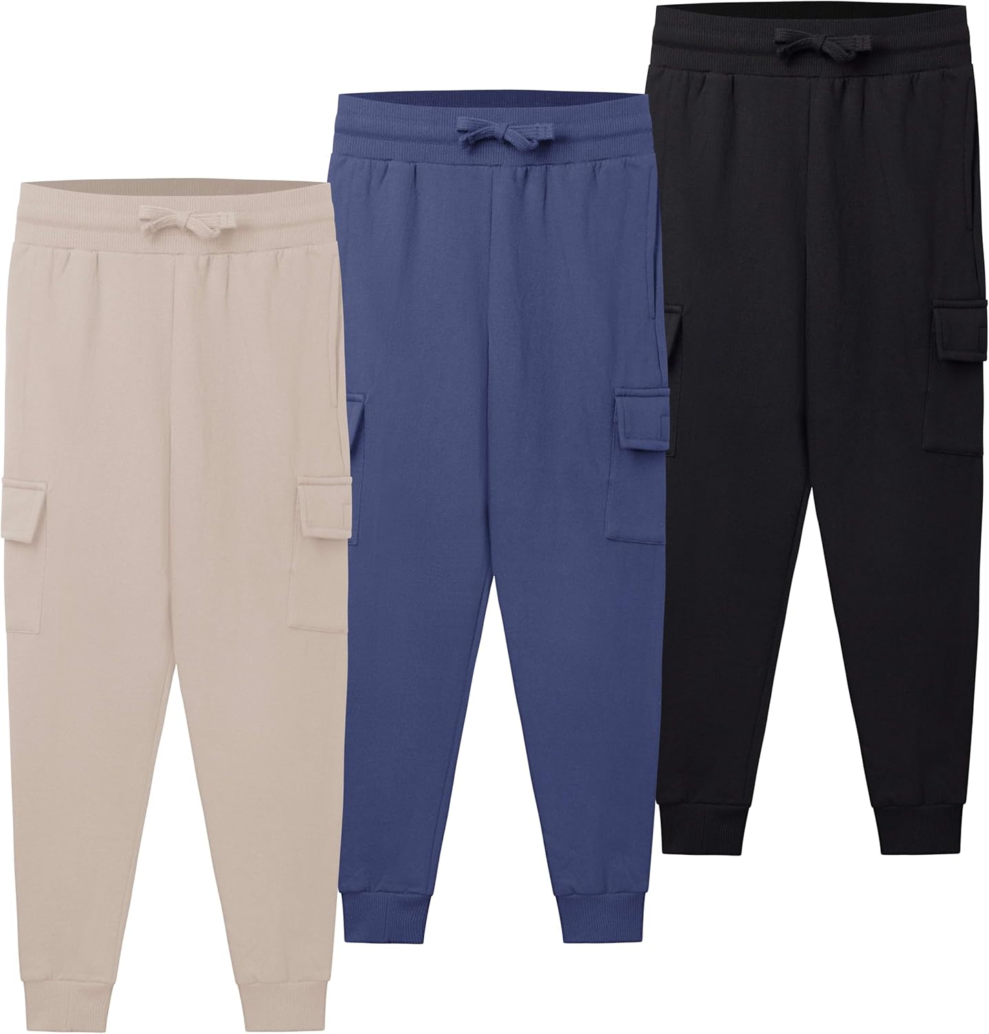 Real Essentials 3 Pack: Boys Fleece Cargo Jogger Sweatpants Athletic Workout Kids Pocket and Drawstring Size 4-18