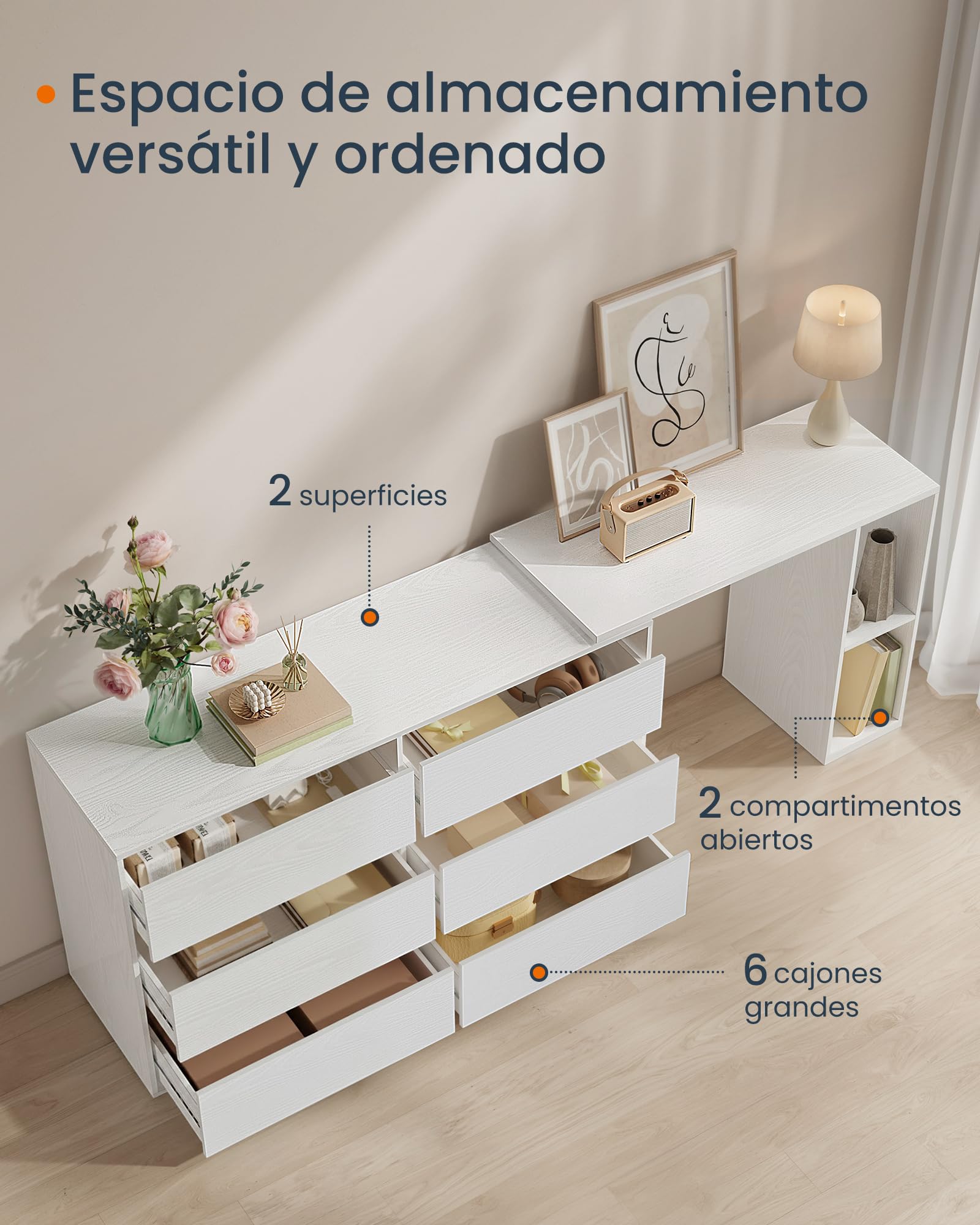 SONGMICS HOME Komoda, szybki montaż bez użycia narzędzi, szafka | Toaletka z półką, obok siebie lub w kształcie litery L, do sypialni, gabinetu, Śnieżka, Kolekcja KADIN LTS656W01