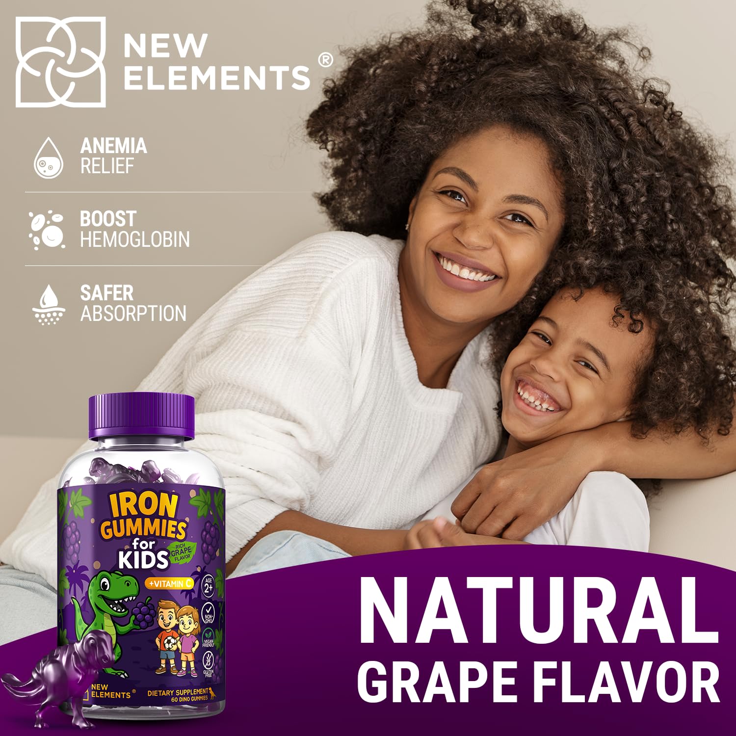 New Elements Iron Dinosaur Gummies for Kids with Vitamin C | Sugar-Free, Vegan, Gluten-Free & Non-GMO | Anemia Relief, Energy & Blood Health Support | Grape Flavor, Pectin-Based for Optimal Health — Amazon image 5