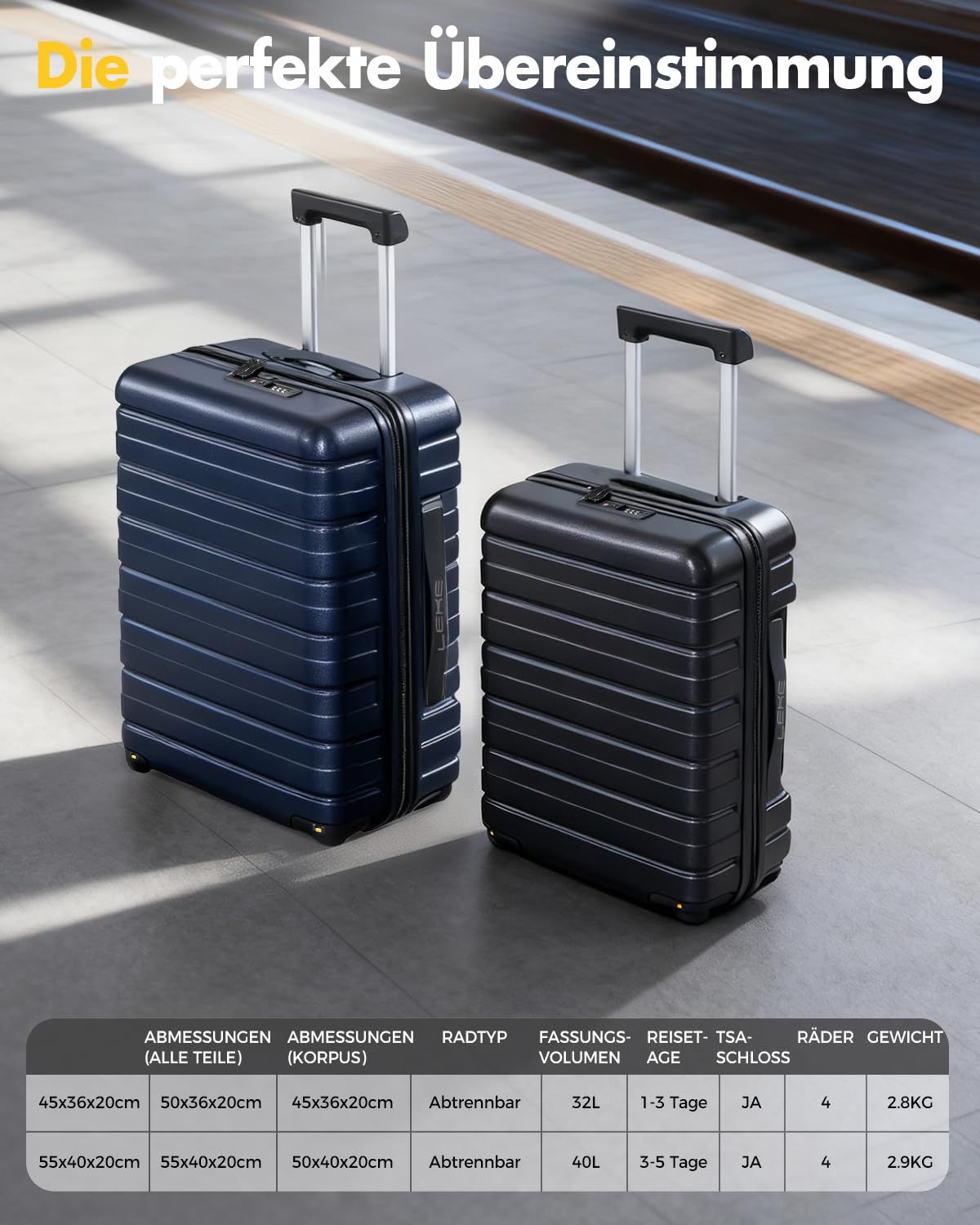 Lekesky Handgepäck Koffer 55x40x20cm - Trolley Handgepäck mit TSA Schloss und 4 Abnehmbaren Rollen, Leicht Hartschale für Ryanair, Lufthansa, Eurowings, Blau