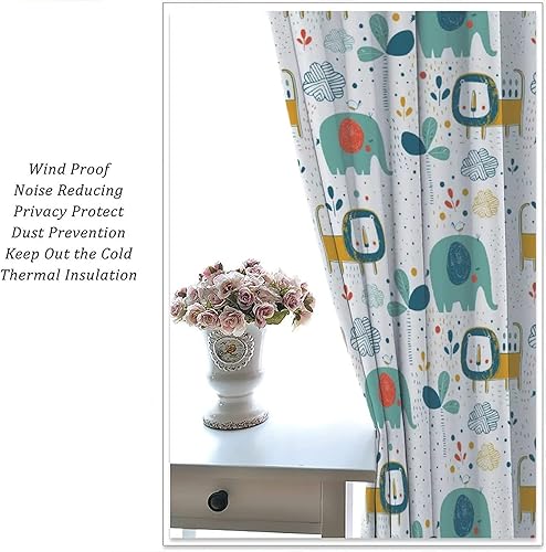 Miniatura 4 de Cortinas opacas para niños, cortinas opacas para dormitorio, dibujos animados, lindos elefantes, leones, pájaros y plantas tropicales, cortinas con