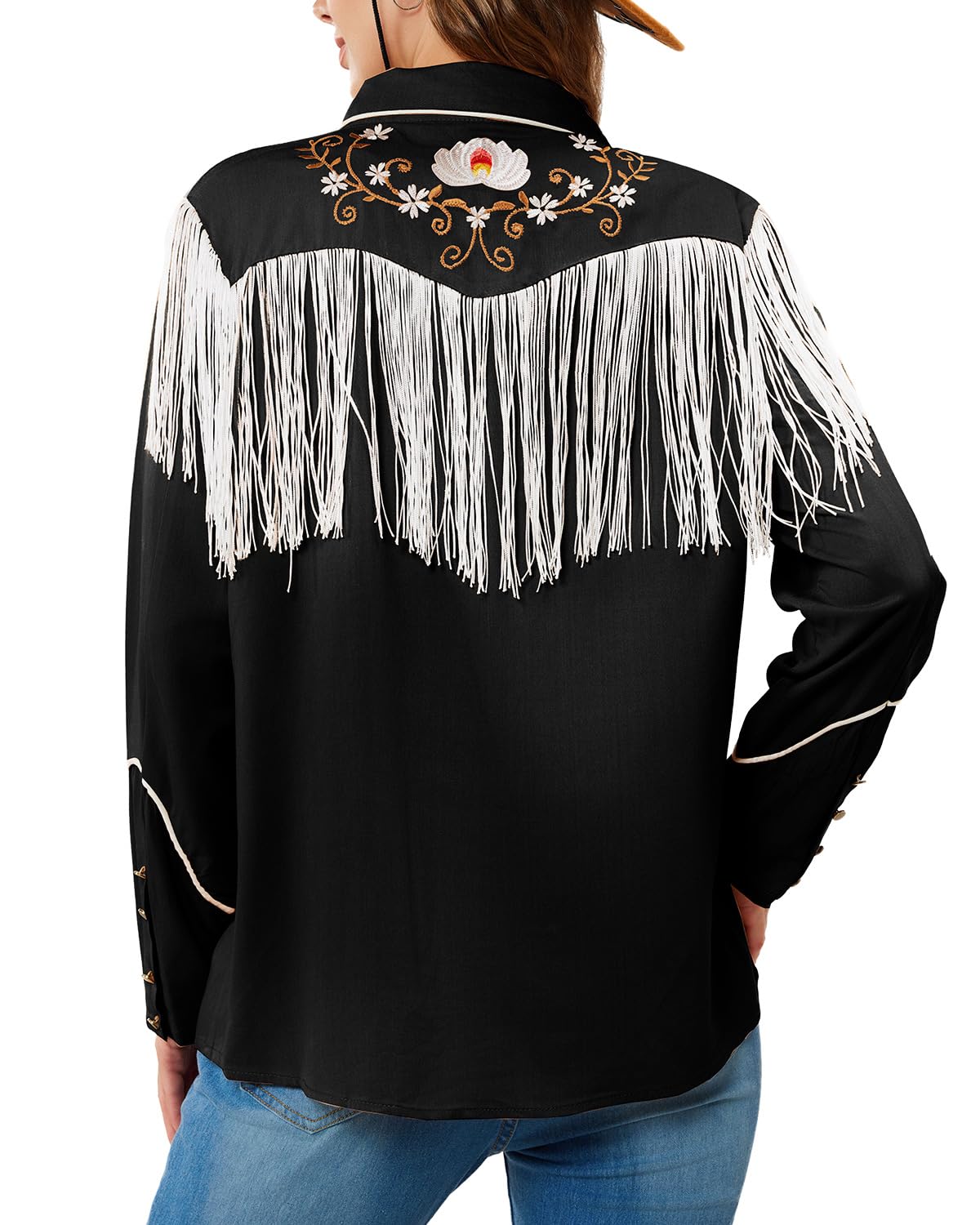 JOHN MOON Women's Floral Embroidered Fringe Western Shirts Rodeo Cowgirl Button Down Blouse Tops Country Style Outfits