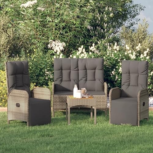 3 Piece Grey PE Rattan Outdoor Dining Set, Reclining Chairs,