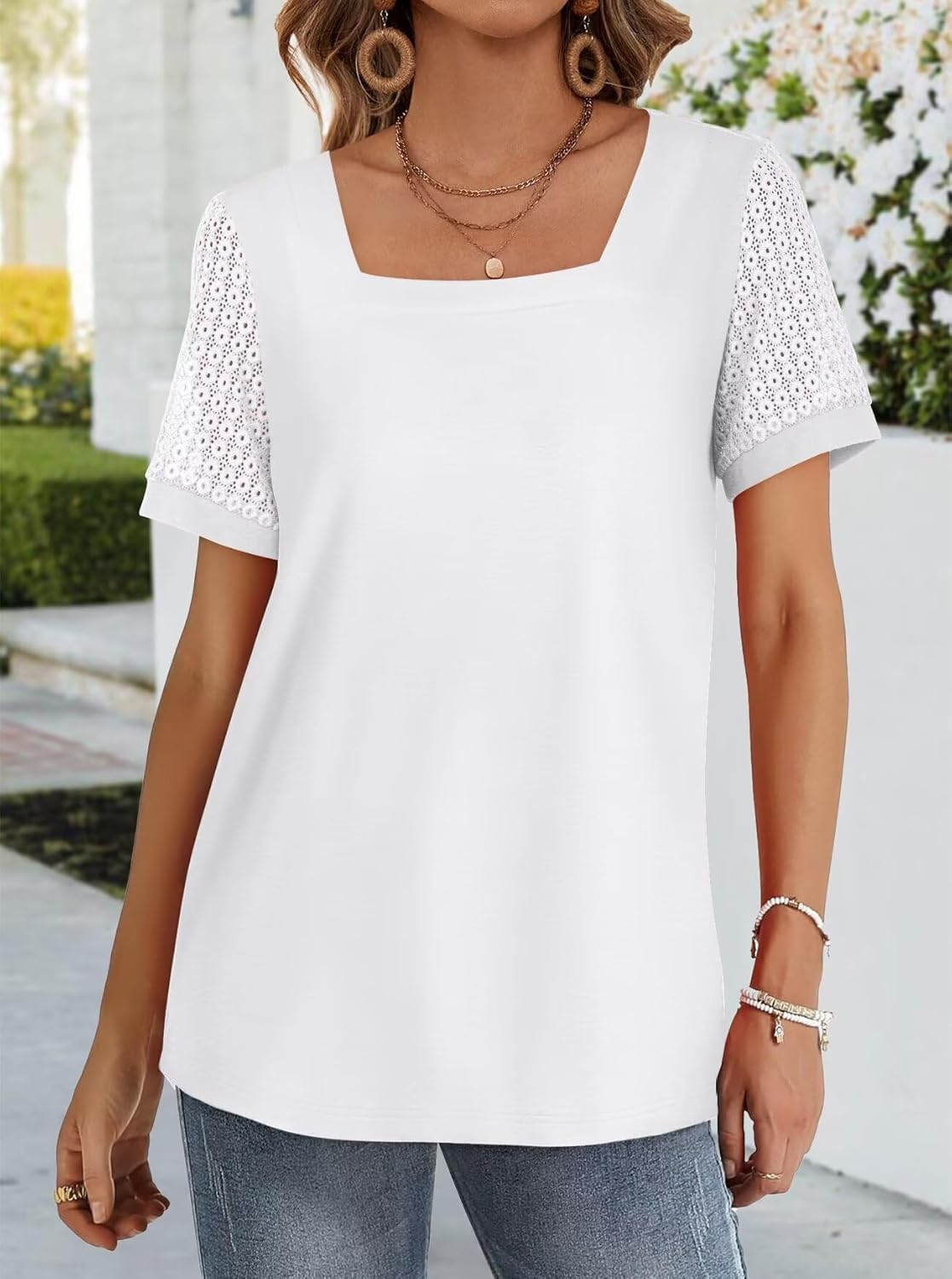 Bliwov Womens Trendy Square Neck Cute Lace Sleeves Tops Summer Date Outfits Beach Vacation Casual Going Out Blouses - Image 2