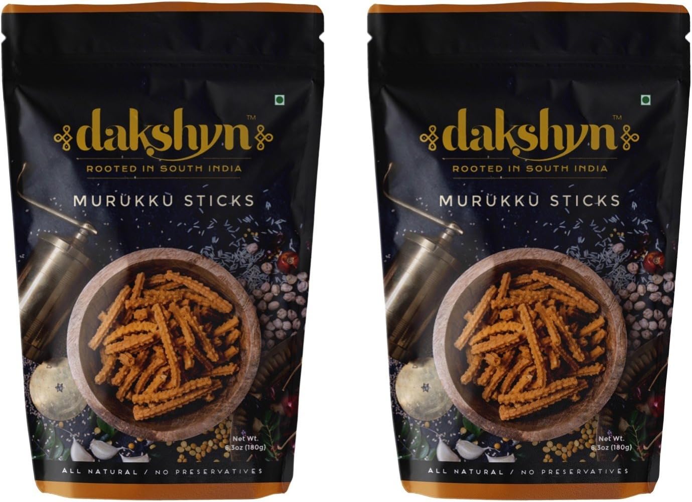 Dakshyn Murukku Sticks 180g | Murukku Snacks Namkeen | Chakli Sticks | South Indian Chakli Snacks | Crunchy Murukku | Chakodi Snacks | No Maida | Chakli with Nutty Sesame Seeds | Pack of 2