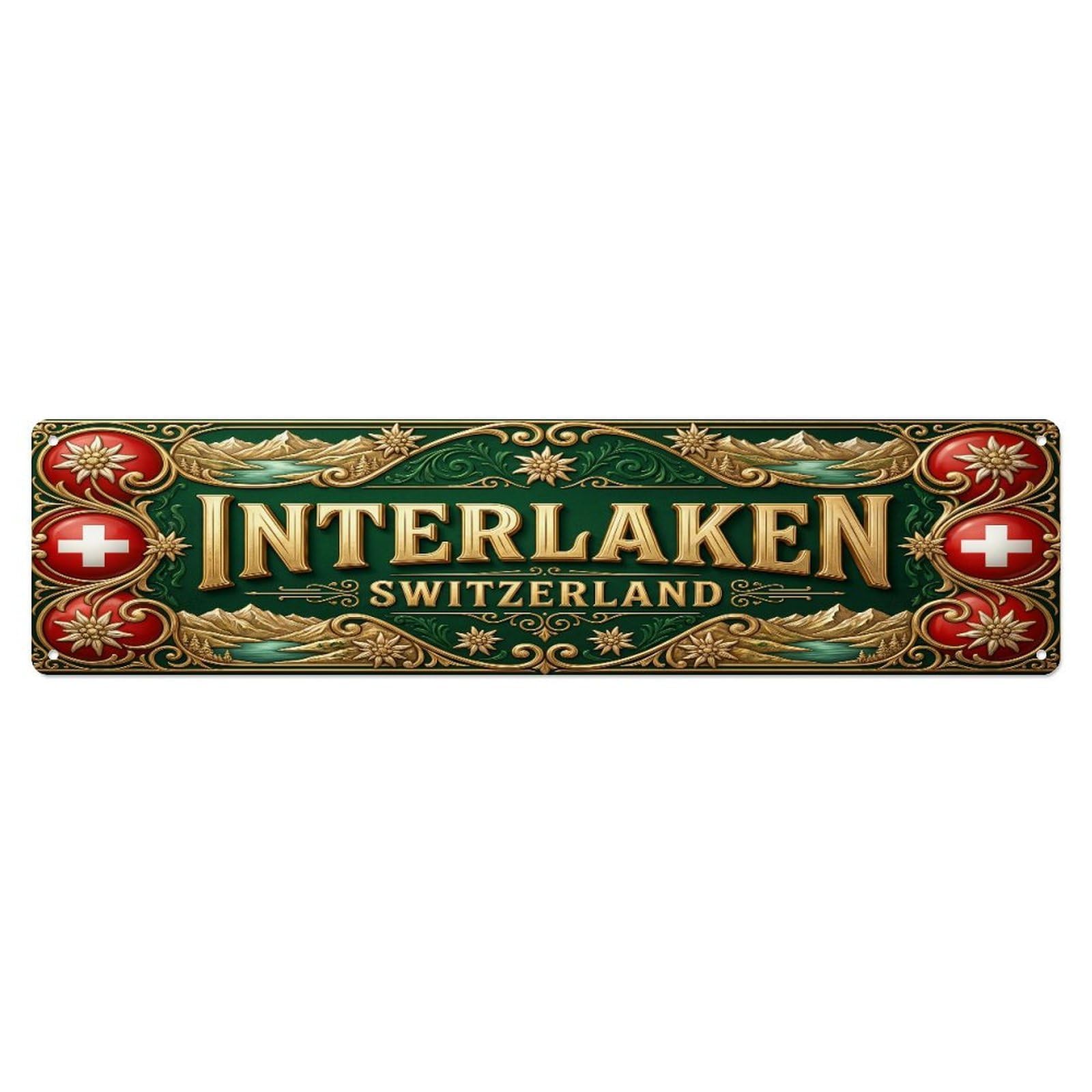 Xanthor Style Metal Tin Sign Vintage Interlaken Switzerland Flag Pattern