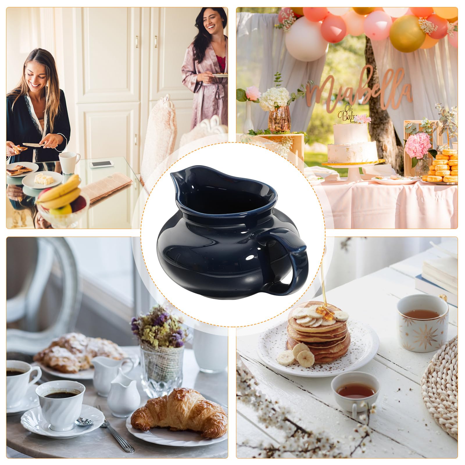 Ceramic Gravy Boat With Handle — Multi-Use Sauce Server, Condiment Container For Syrup, Dressings & Hot Gravy (Drip Catcher Saucer Included, Housewarming Gift)