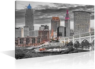 Cleveland Skyline Canvas Wall Art Night Cityscape Black and White Wall Art Panoramic Building Picture for Bedroom Modern 1 Piece Cleveland Ohio USA Wall Decoration Framed Ready to Hang (12''Wx 18''H)