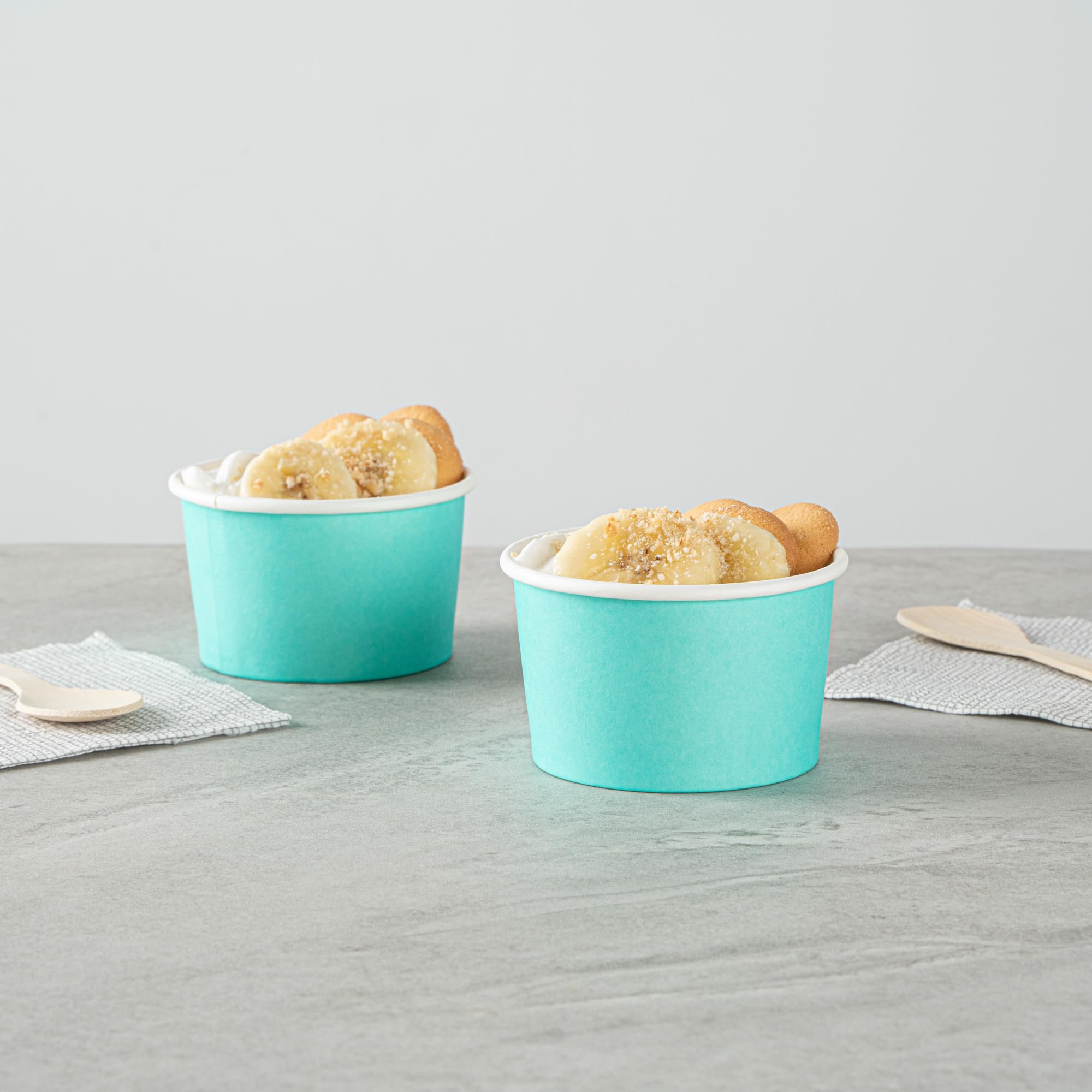 Coppetta - Vasos de postre de 3 onzas, 200 vasos desechables para helado, las tapas se venden por separado, resistentes, cuencos de papel turquesa FroYo, a rayas, para alimentos fríos y calientes,