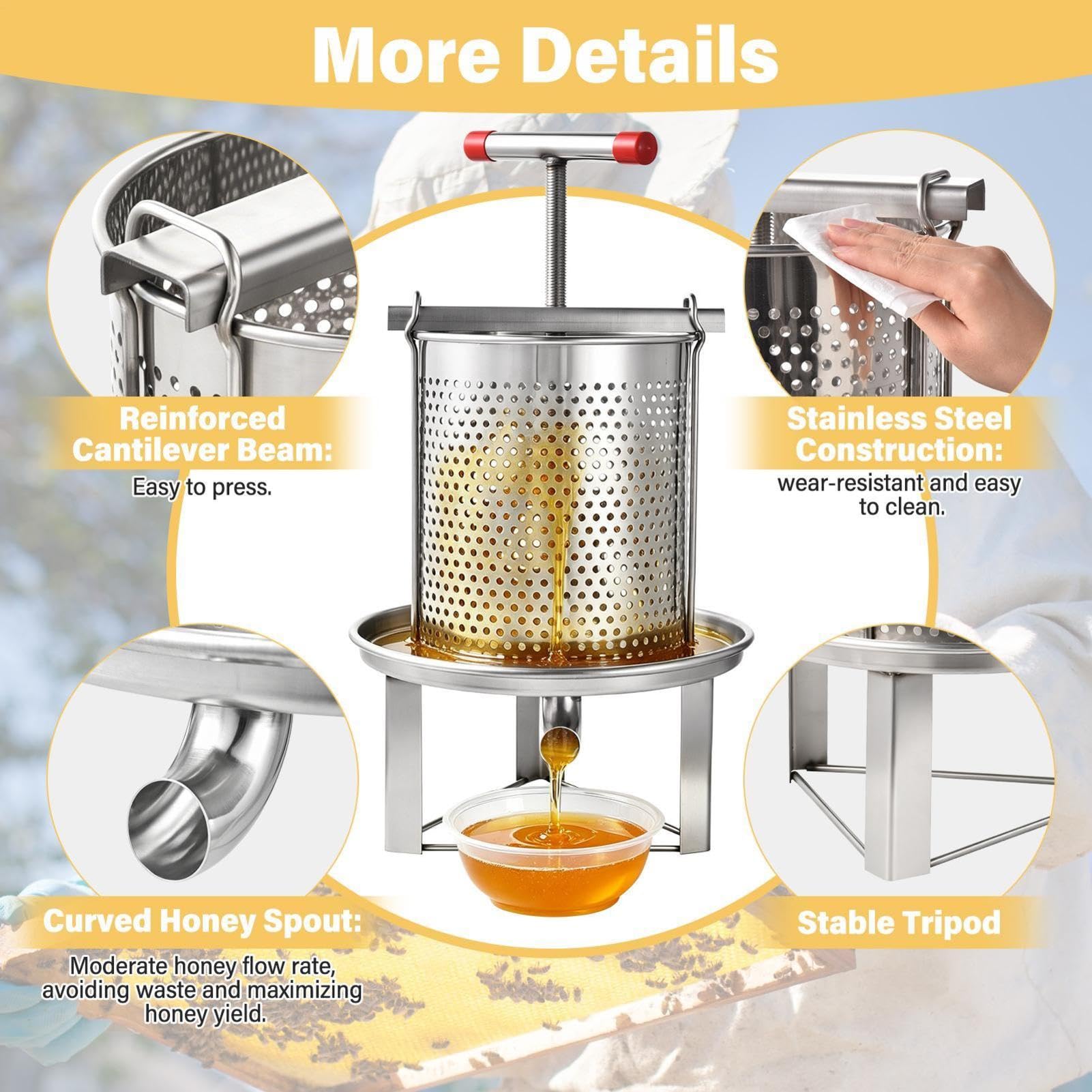Extractor de Miel Manual 12L de Acero Inoxidable 201 Prensar