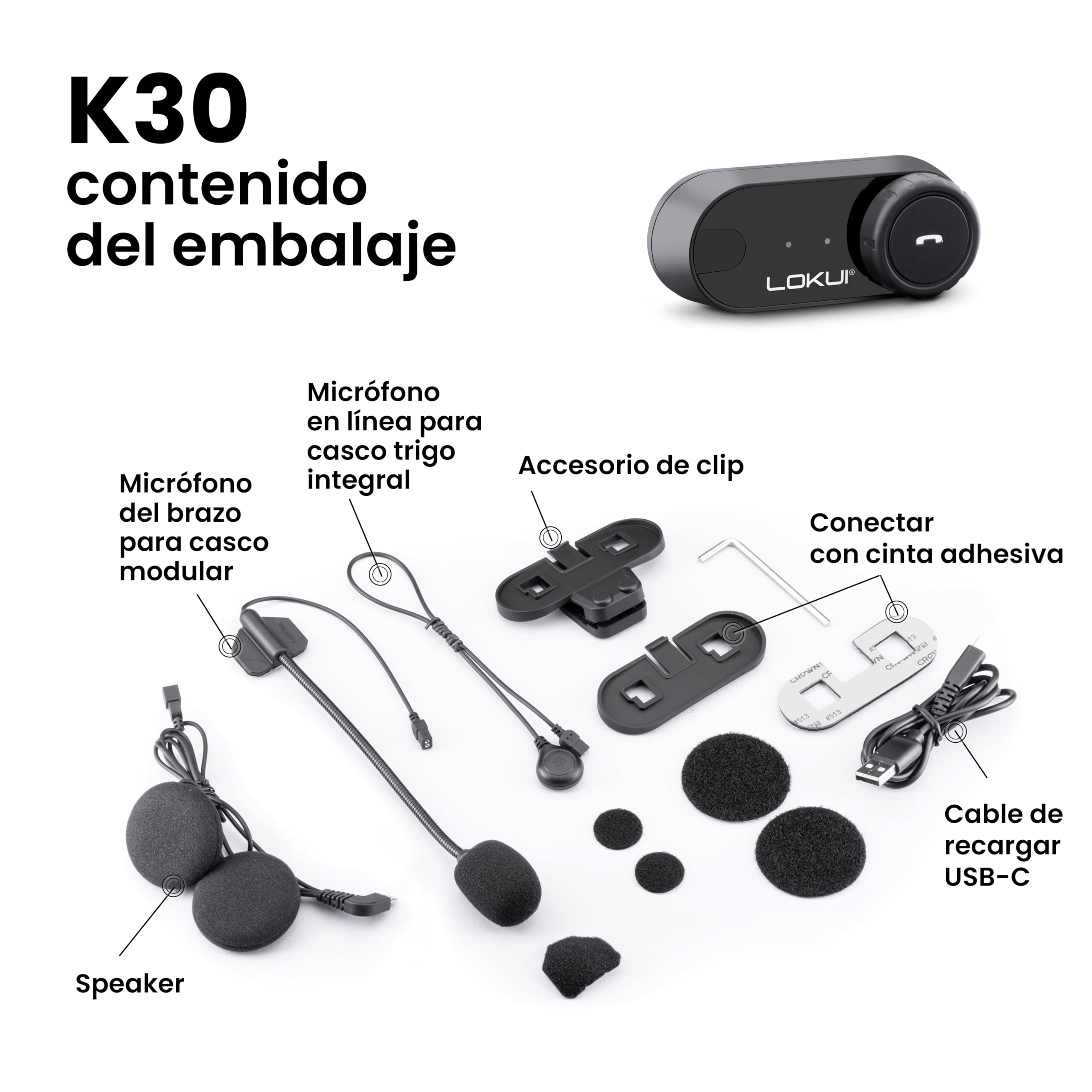 Midland - Intercomunicador Casco Moto Único Lokui K30, Auriculares Moto Inalámbricos Bluetooth Universales e Impermeables, Alcance 800m para 2 Personas, Batería 10H, Radio FM, Cancelación Ruido