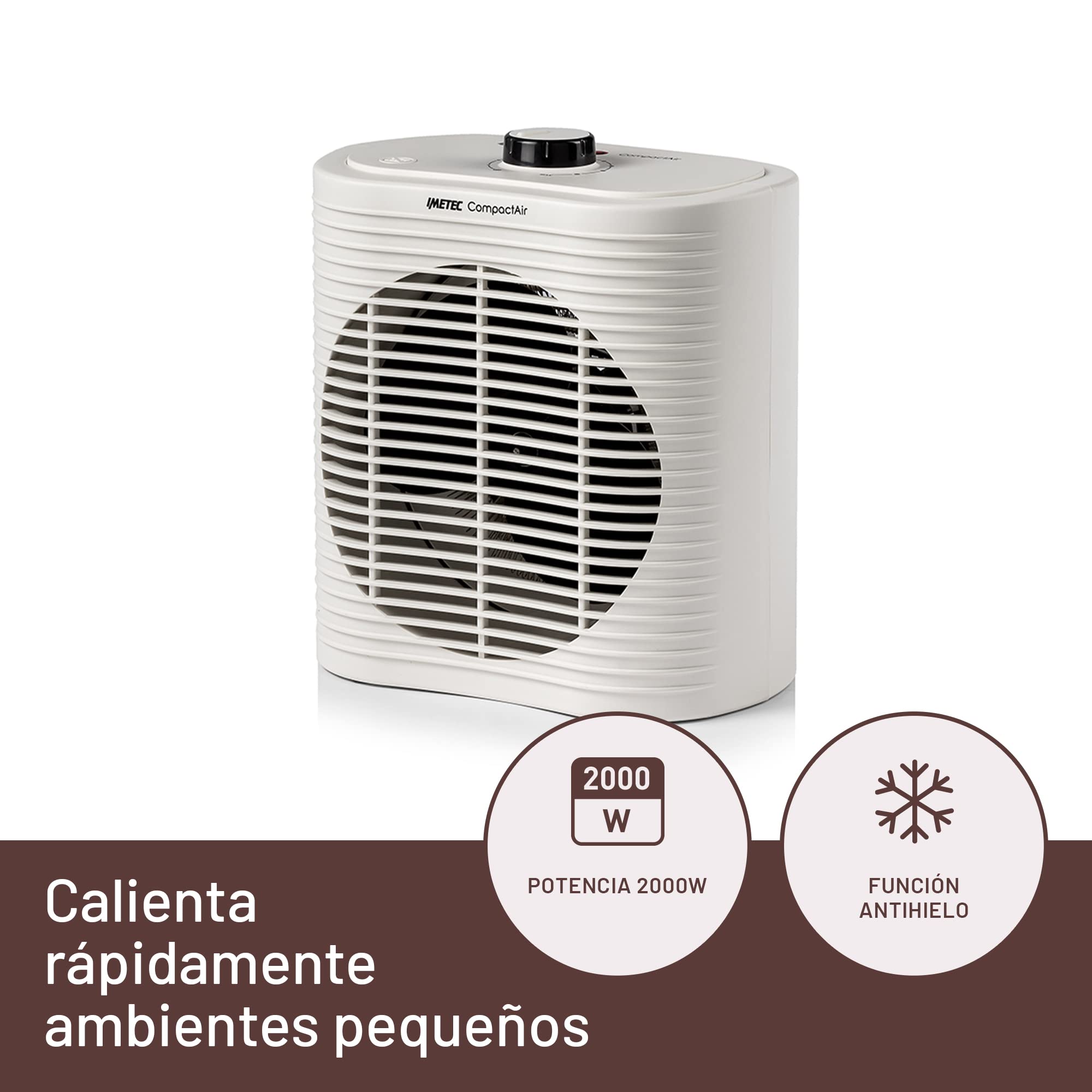 IMETEC Compact Air, Calefactor Pequeño y Potente, 2000 W, Asa Integrada, Temperatura Ajustable, Función Antihielo, Dispositivo de Protección Contra el Sobrecalentamiento