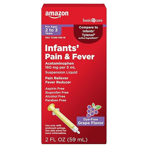 Amazon Basic Care Infants' Pain & Fever, Acetaminophen 160 mg per 5 mL, Suspension Liquid, Dye-Free Grape Flavor, 2 fl oz (Pack of 1)