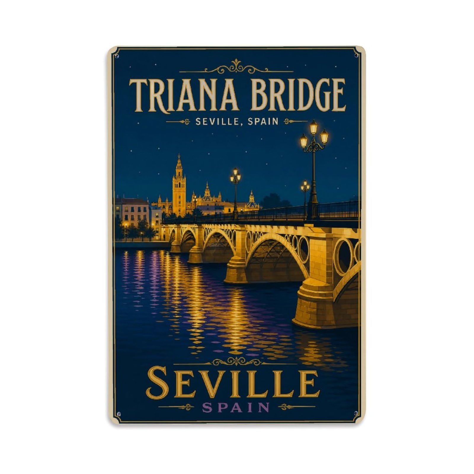 Yrnq 08X12inch Vintage Style Vintage Triana Bridge Night Lights Reflections Water Spain Metal Tin Sign