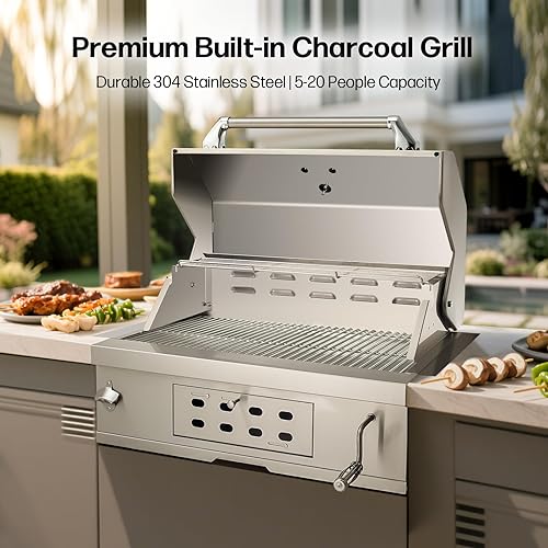 Miniatura 2 de Parrilla de barbacoa de carbón grande integrada, parrillas de carbón con bandeja elevable, capucha aislada y medidor de temperatura, parrilla de