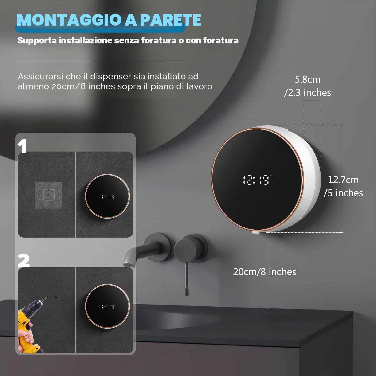 Monstake Dispenser Sapone Automatico Schiuma Muro USB Ricaricabile 350ML - Per Cucina, Bagno, Hotel - Bianco