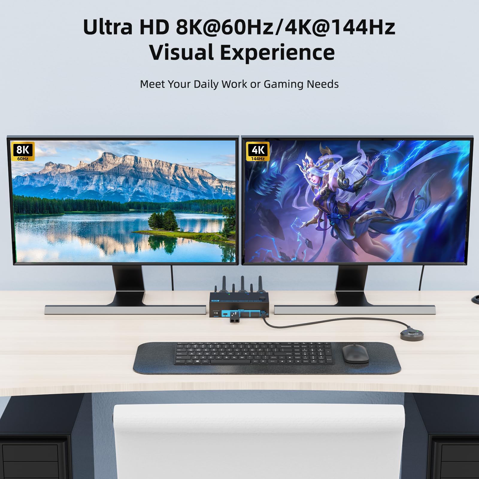 8K HDMI 2.1 KVM Switch 2 PC 2 Monitore 2 IN 2 OUT Dual Monitor KVM Switches Maximale Unterstützung 8K@60Hz/4K@144Hz, mit 4 USB 3.0-Anschlüssen kabelgebundener & Fernbedienung & 2 USB 3.0-Kabeln
