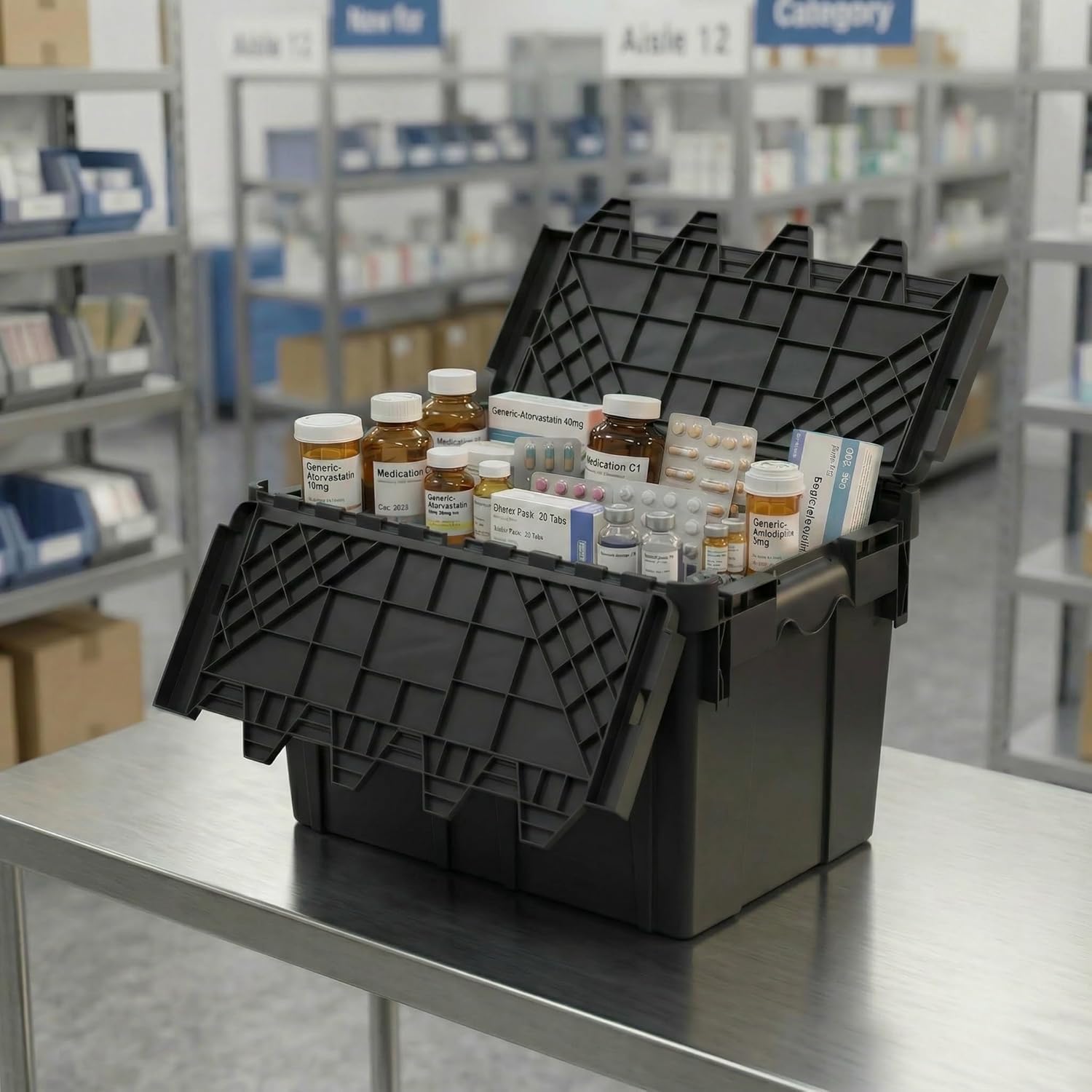 6 Pack Black Attached Lid Tote Box 22 x 16 x 13 Inch, Heavy Duty Stackable Plastic Storage Container with Hinged Lids, Durable Nestable Bin for Industrial, Tools, Garage, Warehouse and Logistics Use