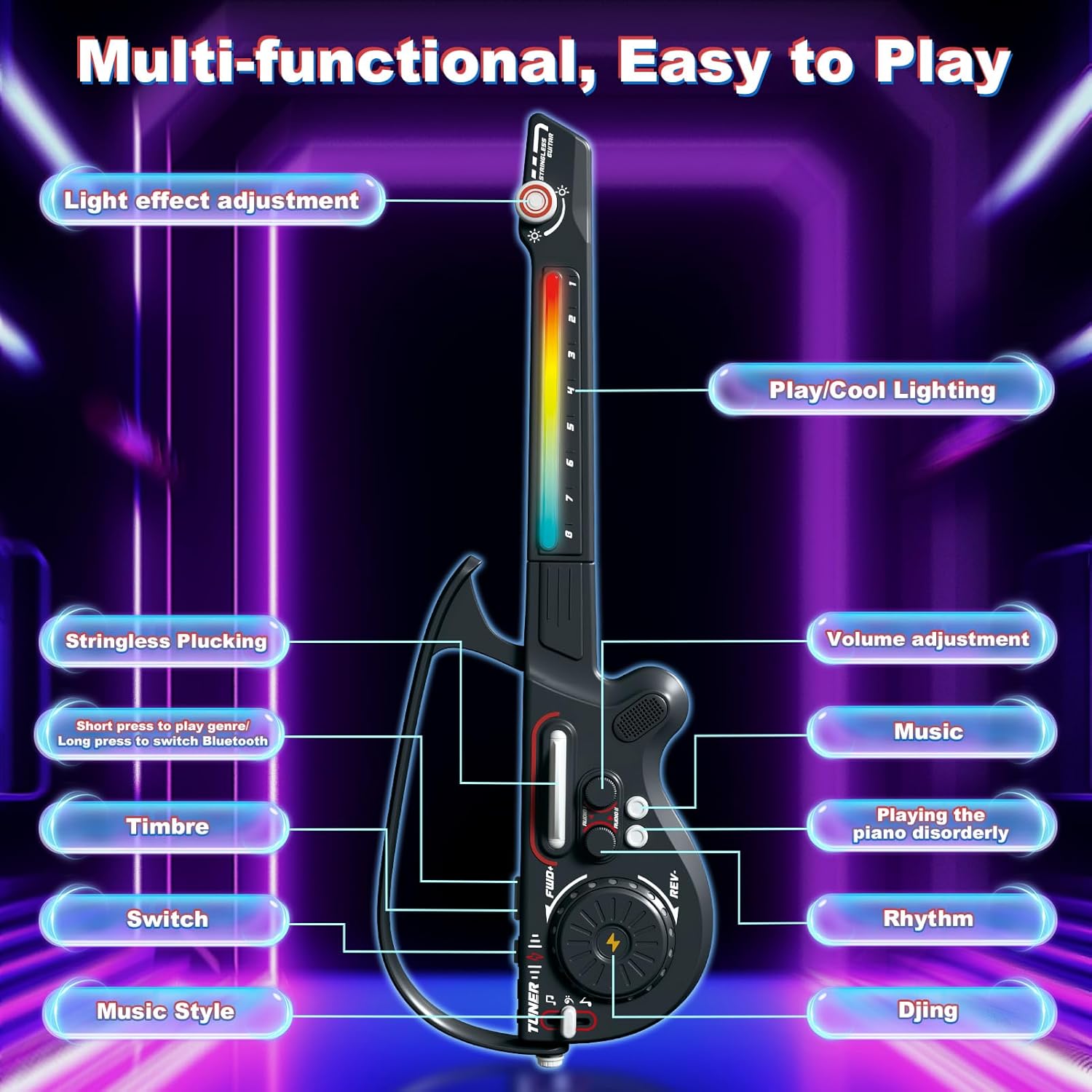 Electric Musical Guitar for Kids: Stringless Multifunctional Guitars with DJ Turntable and Lights Music Instrument Toys for Toddler Ages 3 4 5 6 7 8 9+