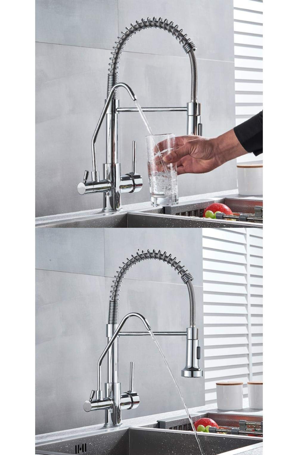 Rubinetti filtro acqua cromati rubinetti cucina Rubinetto miscelatore doppio comando a piano con rotazione Rotazione a 360 gradi Funzione di purificazione dell'acqua Gru