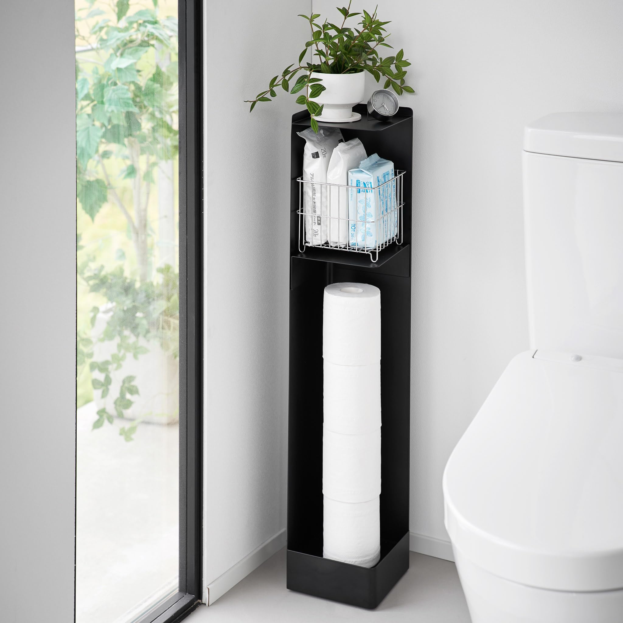 Yamazaki 1490 Tower Toilettenpapierhalter mit Rollen, schwarz, Stahl/Magnet, minimalistisch, 16 x 16 x 80,5 cm