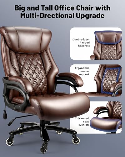 Miniatura 8 de Silla de oficina grande y alta de 600 libras, sillas de oficina ejecutivas con soporte lumbar ajustable, silla de escritorio ancha con ruedas de