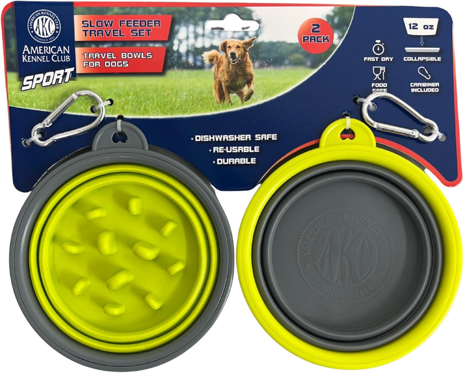 American Kennel Club 2-Pack Collapsible Travel Bowls for Dogs – Gray/Green, Portable Food & Water Bowls