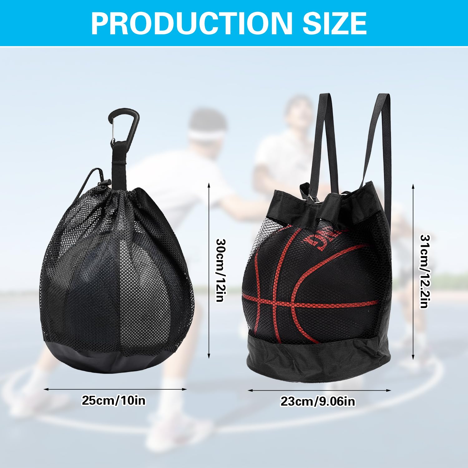 2 Pièces Sacs à Balles, Sacs Basketball, Sac à Ballon en Maille Oxford, Sac Ballon de Basket, Filet Pliable avec Poche Zippée et Mousqueton pour Basketball, Football, Volley (Adolescents & Adultes)
