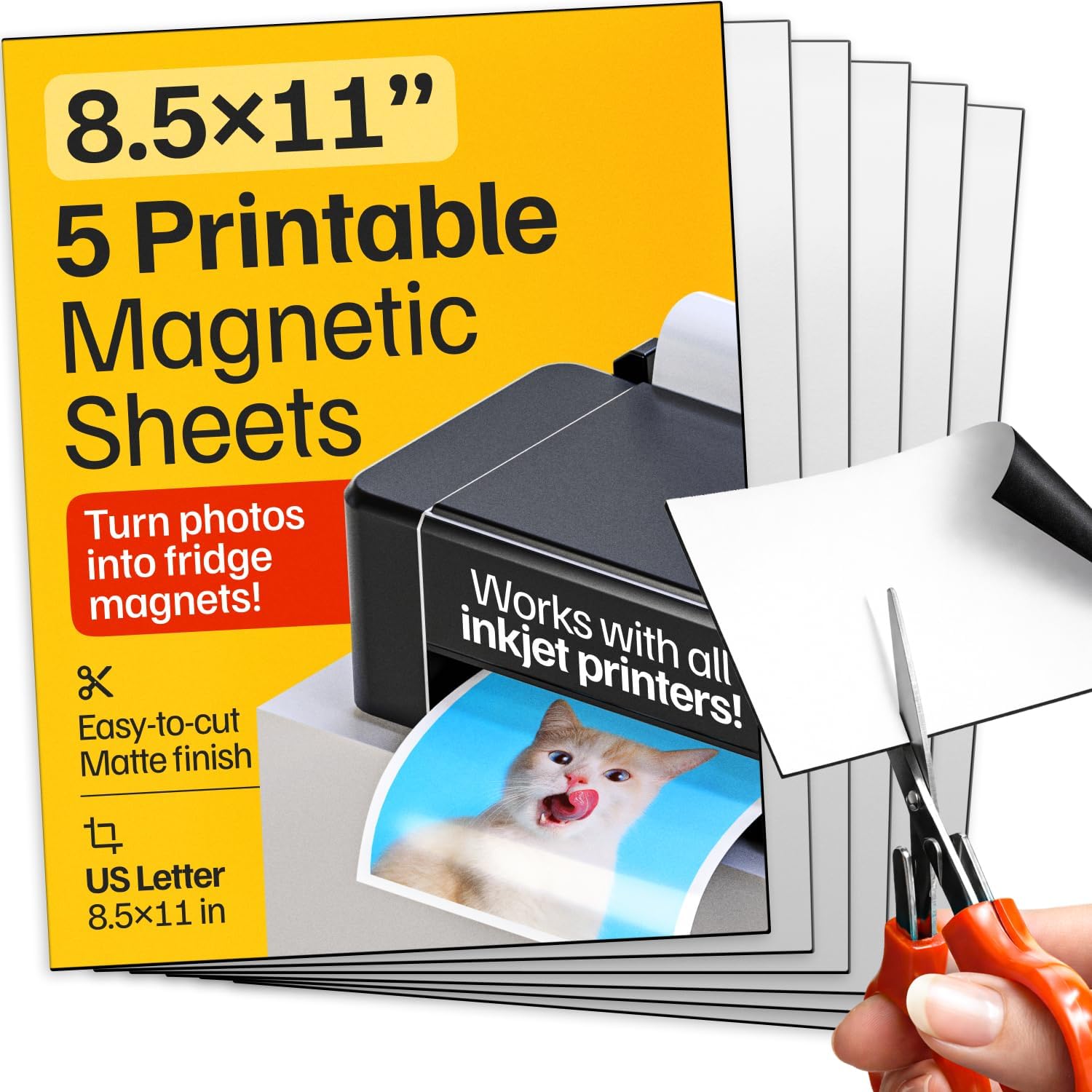 Printable Magnetic Sheets 5 Pcs Glossy (8.5"x11"/22x28cm) โ Inkjet-Optimized Flexible Magnetic Paper, Non-Adhesive - Ideal for Photo Magnets, Magnet for Cars, Refrigerator, Classroom and Office Decor