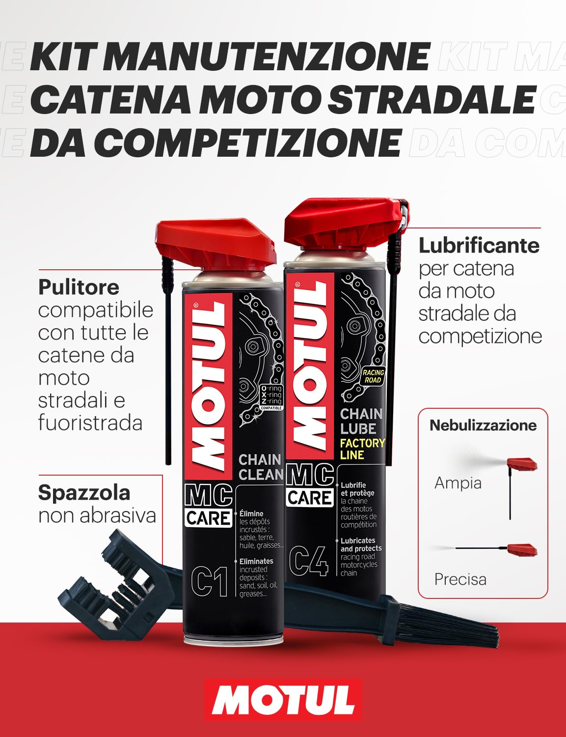 Motul - Kit di Manutenzione - Pulitore Spray per Catena Moto + Lubrificante per Catena Moto da Corsa + Spazzola Non Abrasiva - MC Care Chain Clean C1 - MC Care Chain Lube Factory Line C4