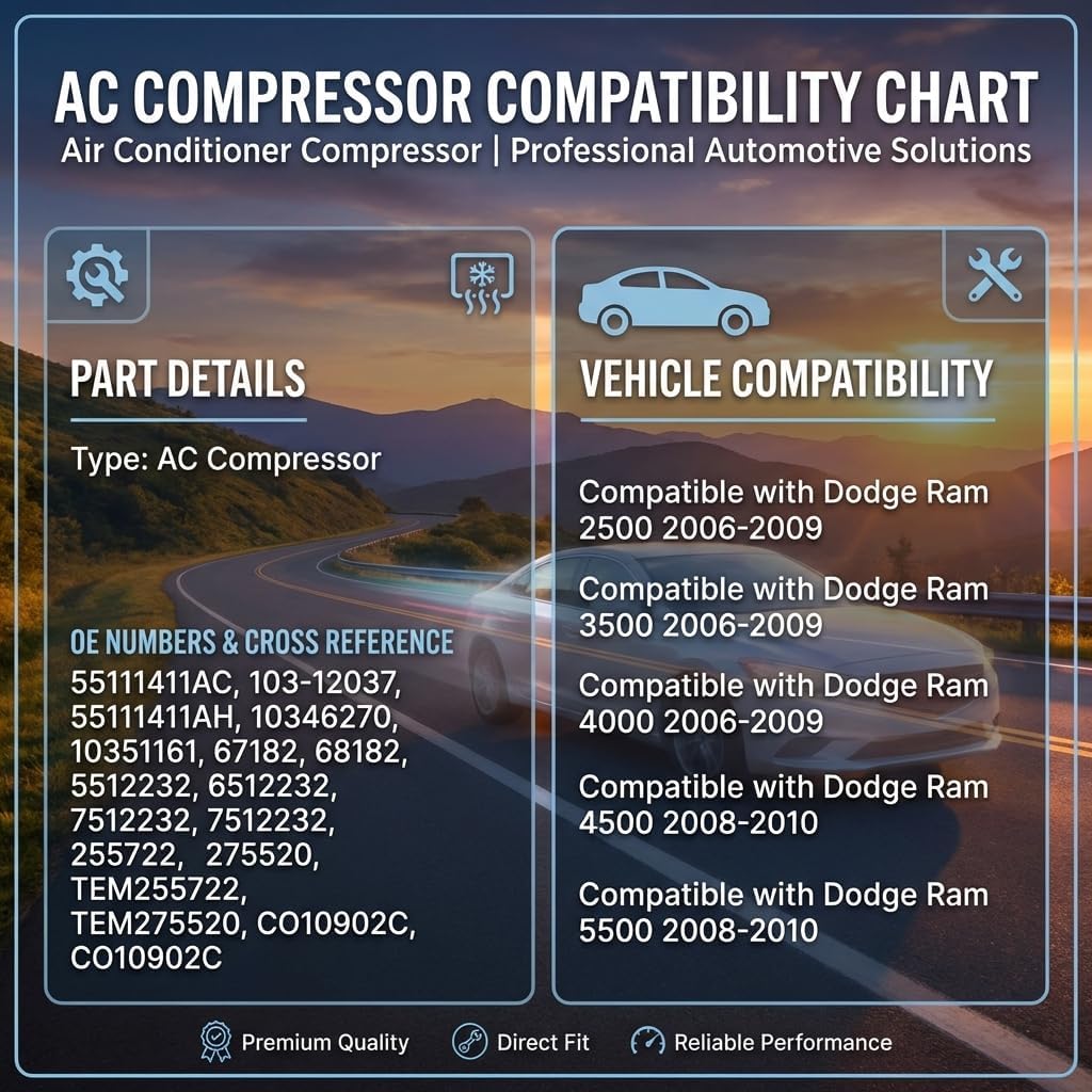 A/C Air Conditioner Compressor W/Clutch Fits Dodge Ram 2500/3500/4000 2006-2009 5.9L, 2500/3500 2007-2009, 4500/5500 2008-2010 6.7L Replaces CO10902C 67182