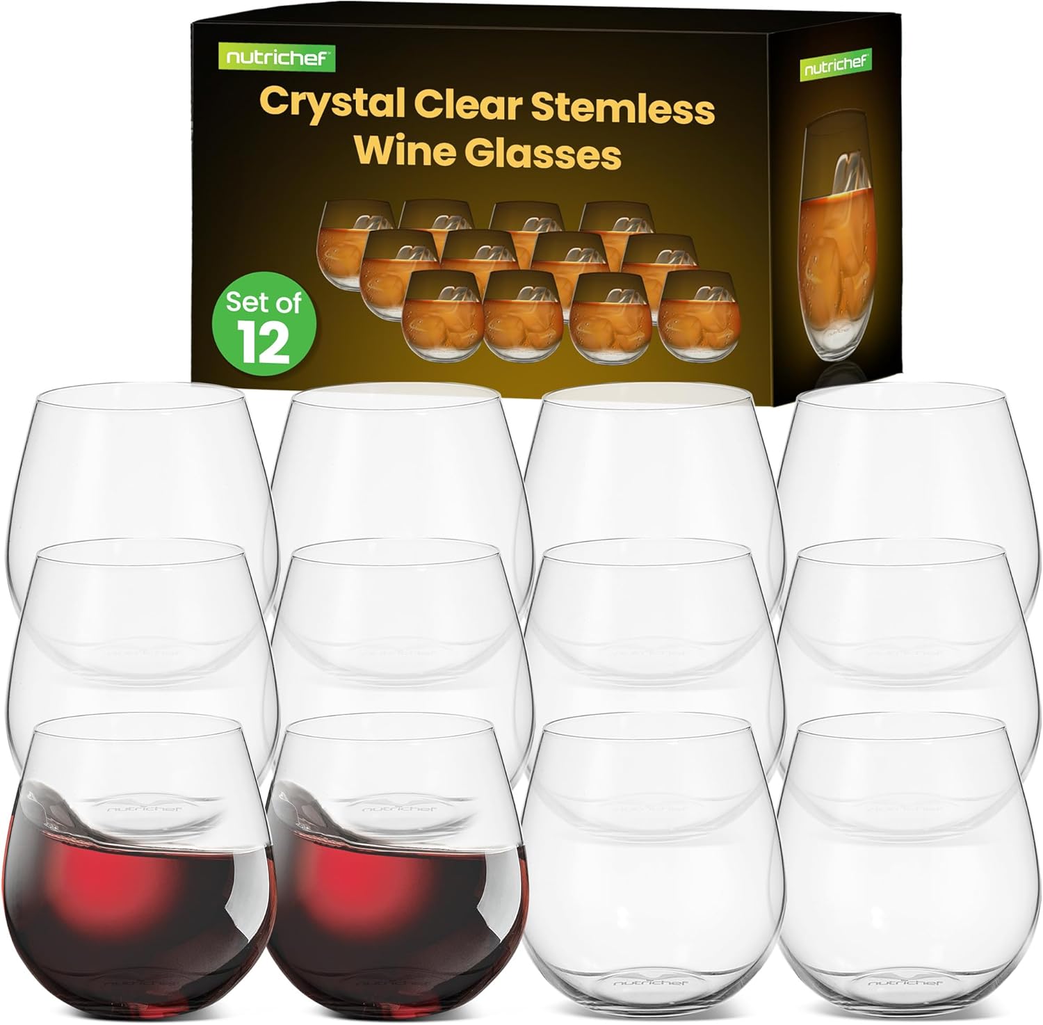NutriChef 15 oz Stemless Crystal Wine Glasses, Set of 12 Elegant Glasses for Red or White Wine, Ultra-Thin, Lead-Free, Dishwasher Safe, Seamless Bowl Design for Dining, Parties & Bars