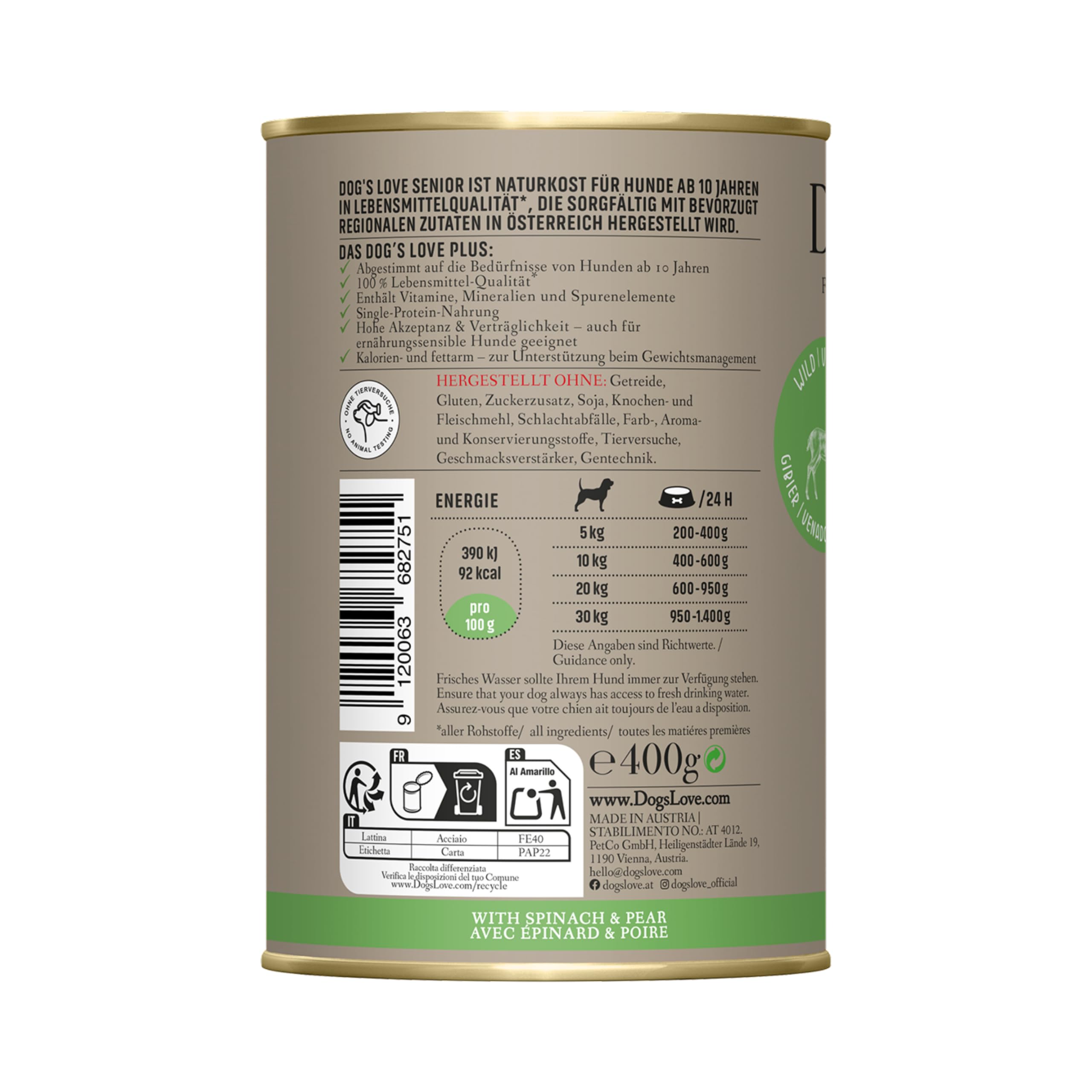 DOG'S LOVE Senior Hunde-Nassfutter Wild 12 x 400g | ohne Getreide & Zucker