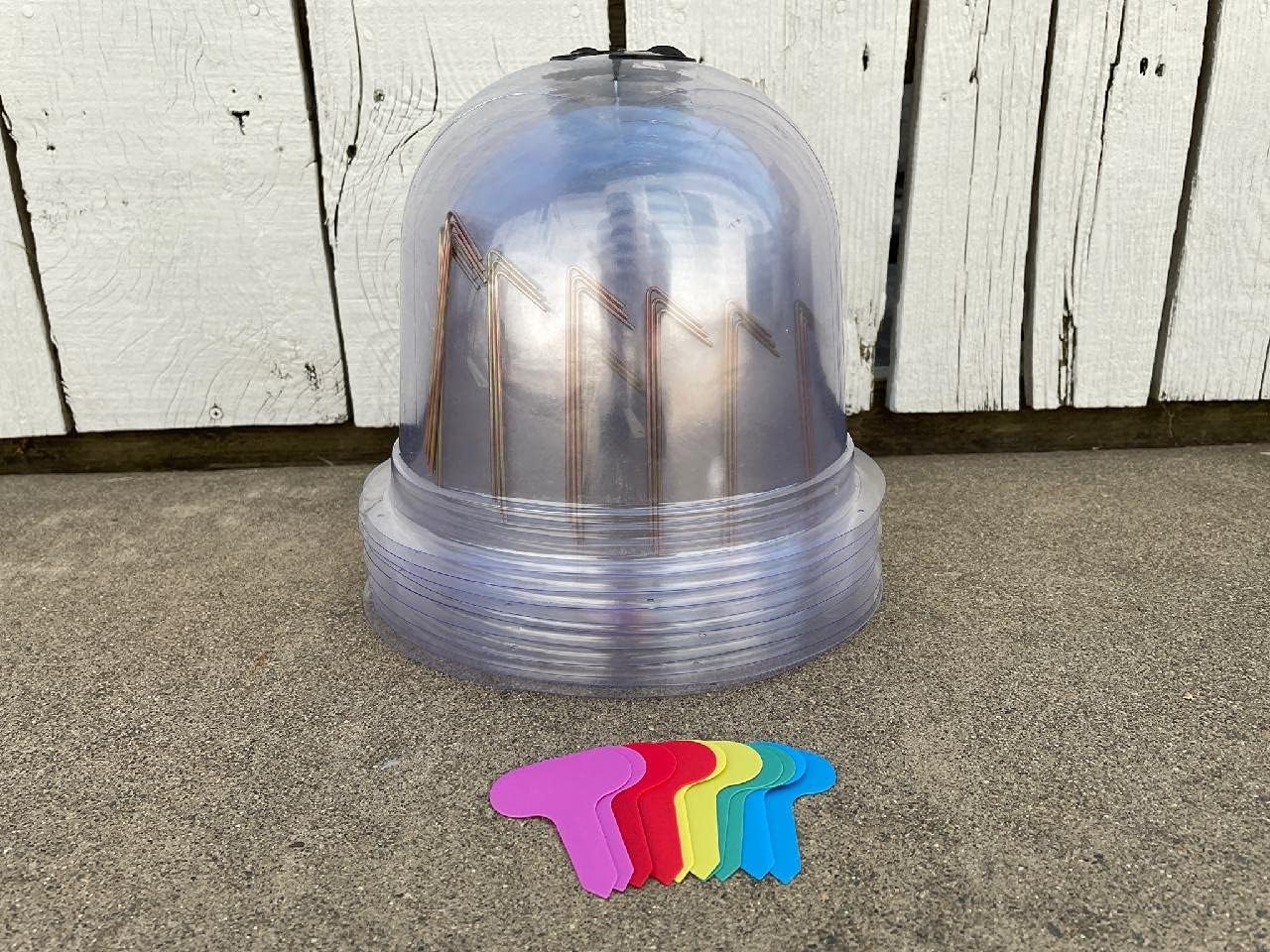 GrowAway Complete Set with 50 Pieces: 10 Garden Cloches, 30 Metal Stakes and 10 Plant Labels for Gardening, Seedling Covers, Plant Protectors, Plastic Garden Cloches, Mini Greenhouses