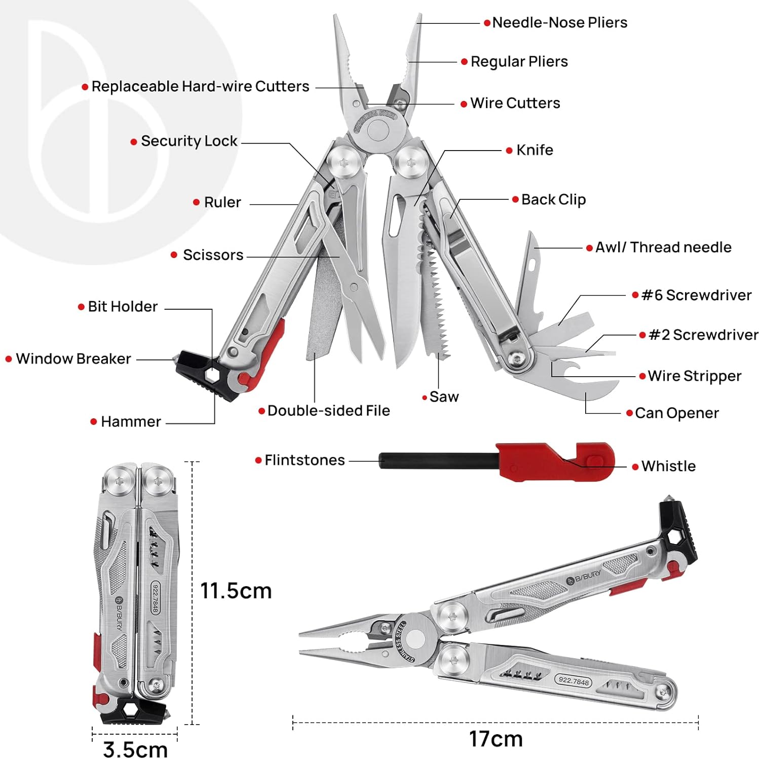 BIBURY Multitool Pliers BI2038B, 22-in-1 Stainless Steel Multi Tool with Flint, Window Breaker, Scissors, Back Clip, Folding Pocket Multifunctional Self-locking EDC Tool for Survival Camping Hiking - Image 2