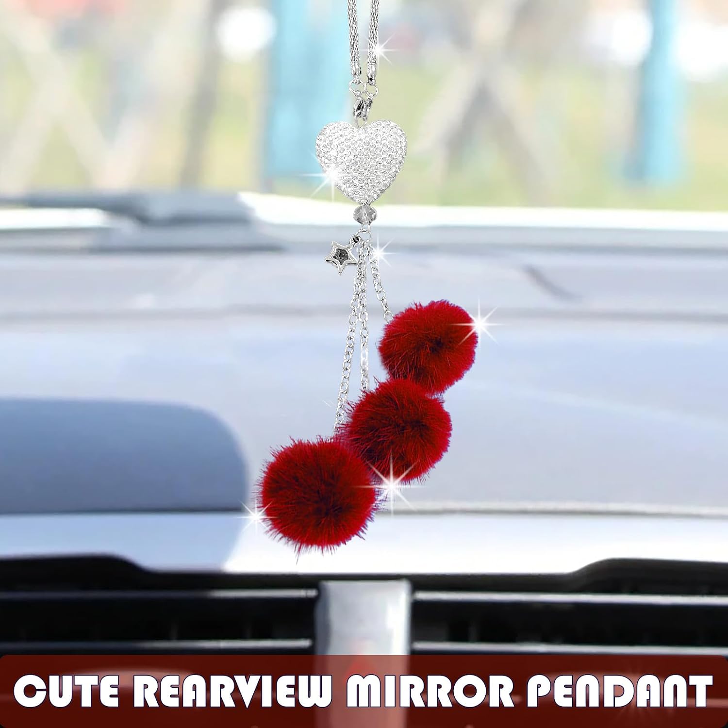 Bling Car Mirror Accessories for Women, Rhinestone Diamond Love Heart & Pink Plush Ball Decor Ornament Pendant, Car Rear View Mirror Hanging Charm Pendant, Lucky Hanging Accessories (Wine red) image 5