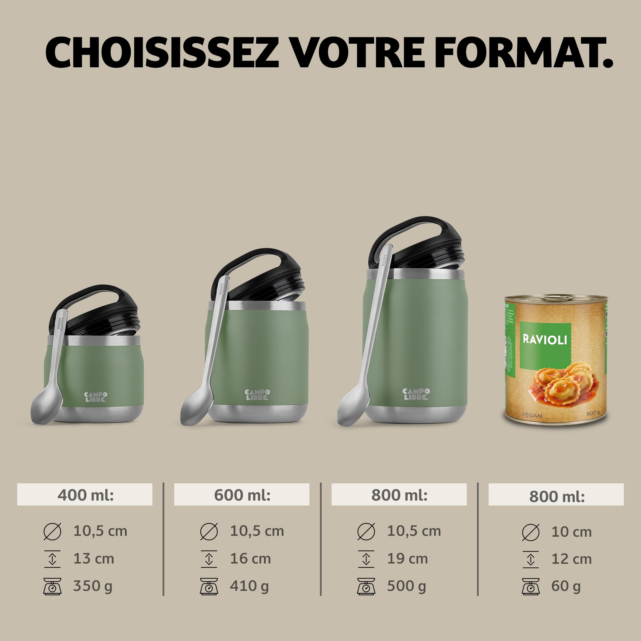Campo Libre.® LOTTA – Thermos Alimentaire Chaud & Froid – Boite Repas Isotherme avec Cuillère – Gamelle Isotherme Adulte ou Bébé, Travail, Bureau, École, Camping – Facile à transporter. Vert, 800ml