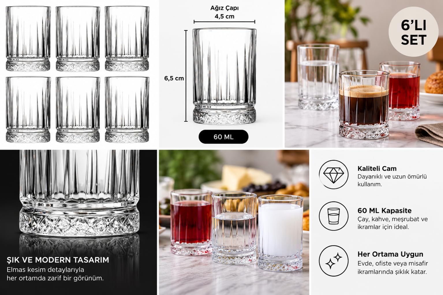 6’lı Kristal Desenli Cam Bardak Seti, 60 ml Şeffaf Küçük İçecek Bardağı, Kahve Yanı Su ve Meşrubat Sunumu İçin
