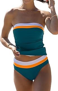 Conjunto de tankini para mujer con control de abdomen, color sólido, sin tirantes, color